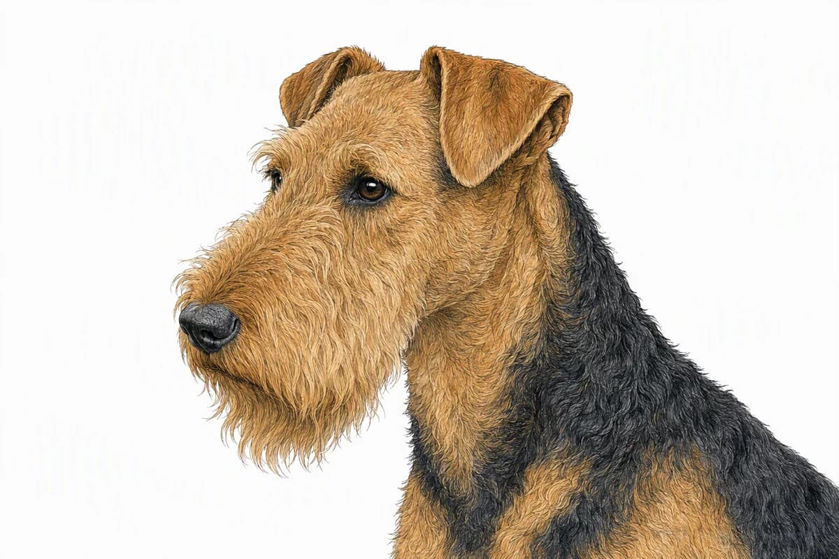 Original XPET engraving and watercolor illustration of Airedale Terrier: a head and coat detail study.