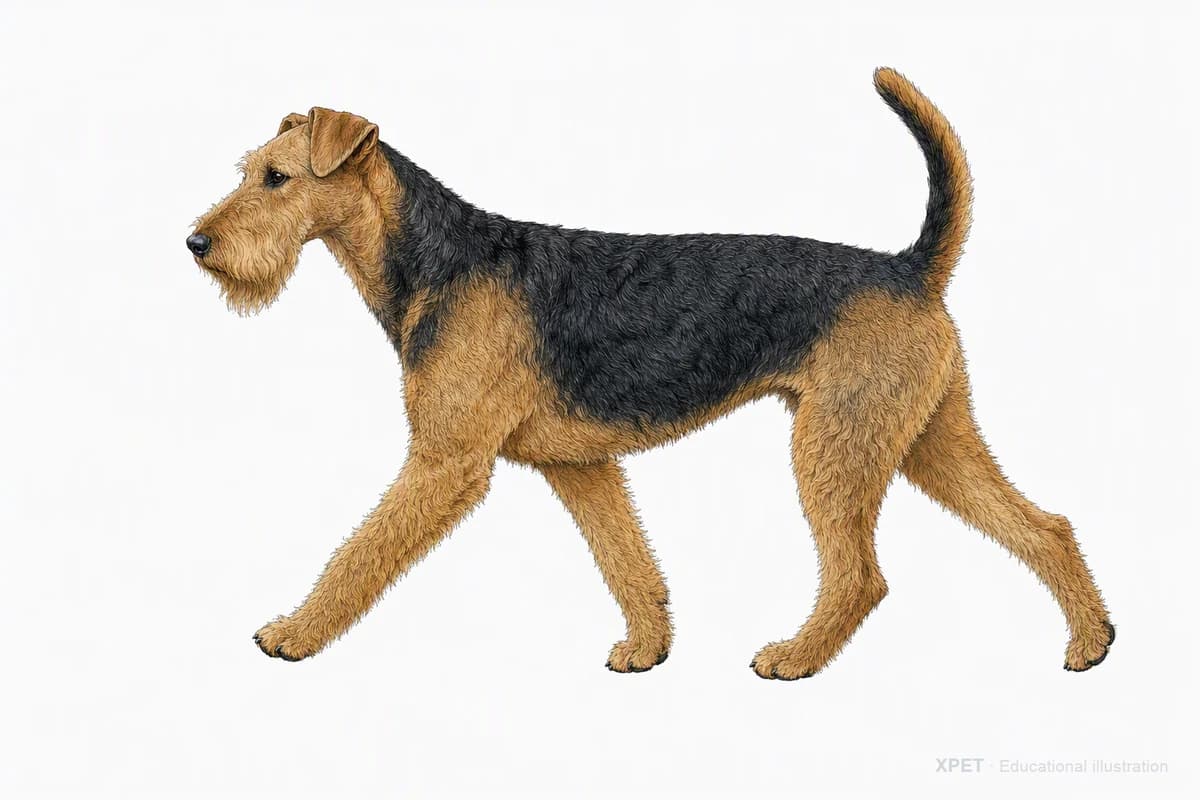 Original XPET engraving and watercolor illustration of Airedale Terrier: a natural movement study.