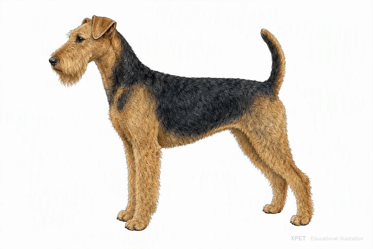 Original XPET engraving and watercolor illustration of Airedale Terrier: an adult in left-facing profile.