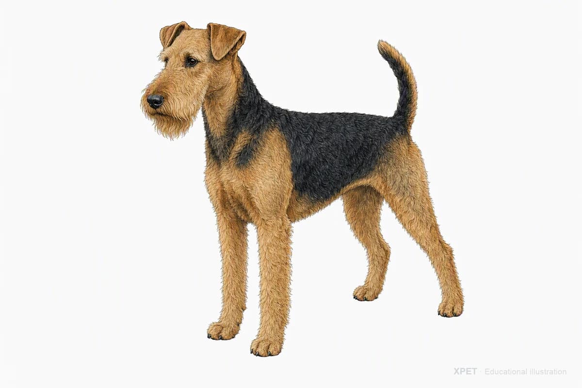 Original XPET engraving and watercolor illustration of Airedale Terrier: a complete three-quarter standing view.