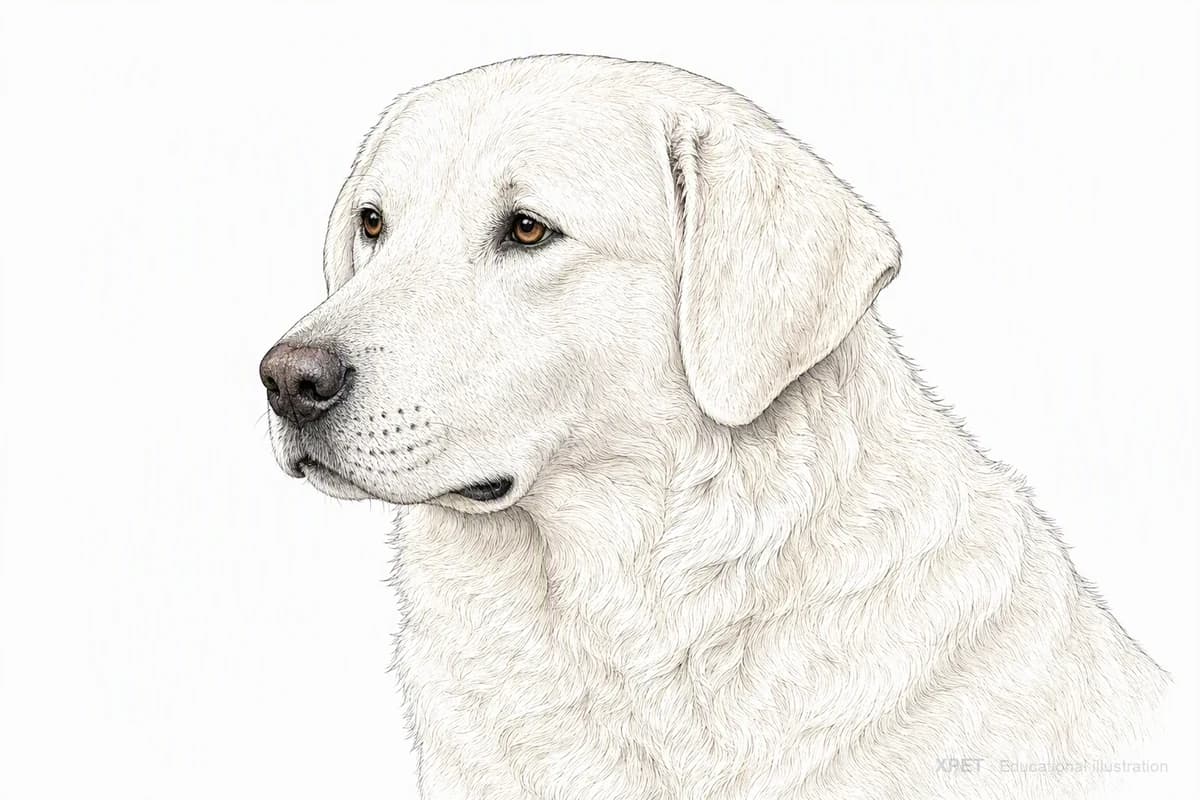 Original XPET engraving and watercolor illustration of Akbash Dog: a head and coat detail study.