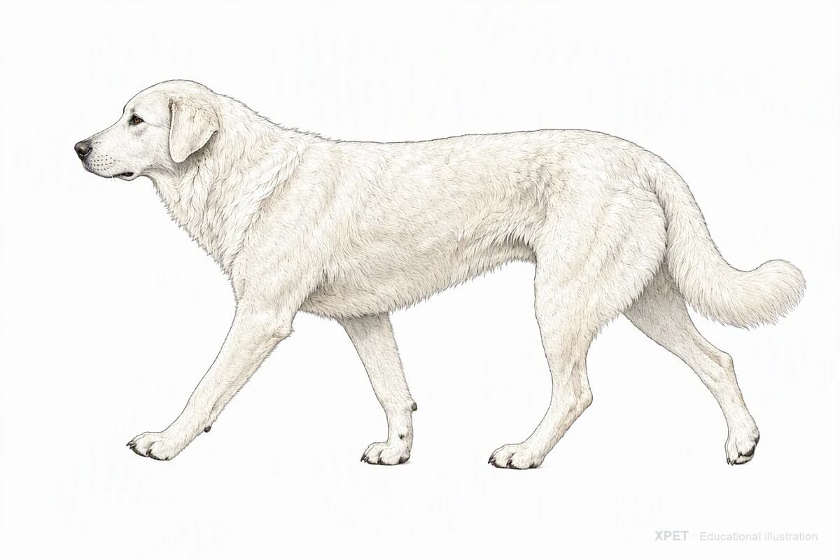Original XPET engraving and watercolor illustration of Akbash Dog: a natural movement study.