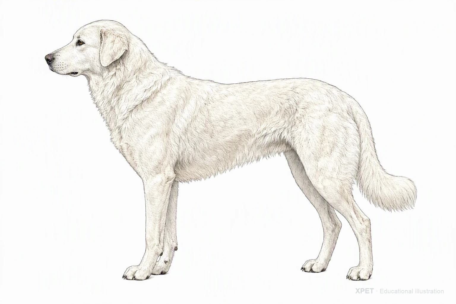 Original XPET engraving and watercolor illustration of Akbash Dog: an adult in left-facing profile.