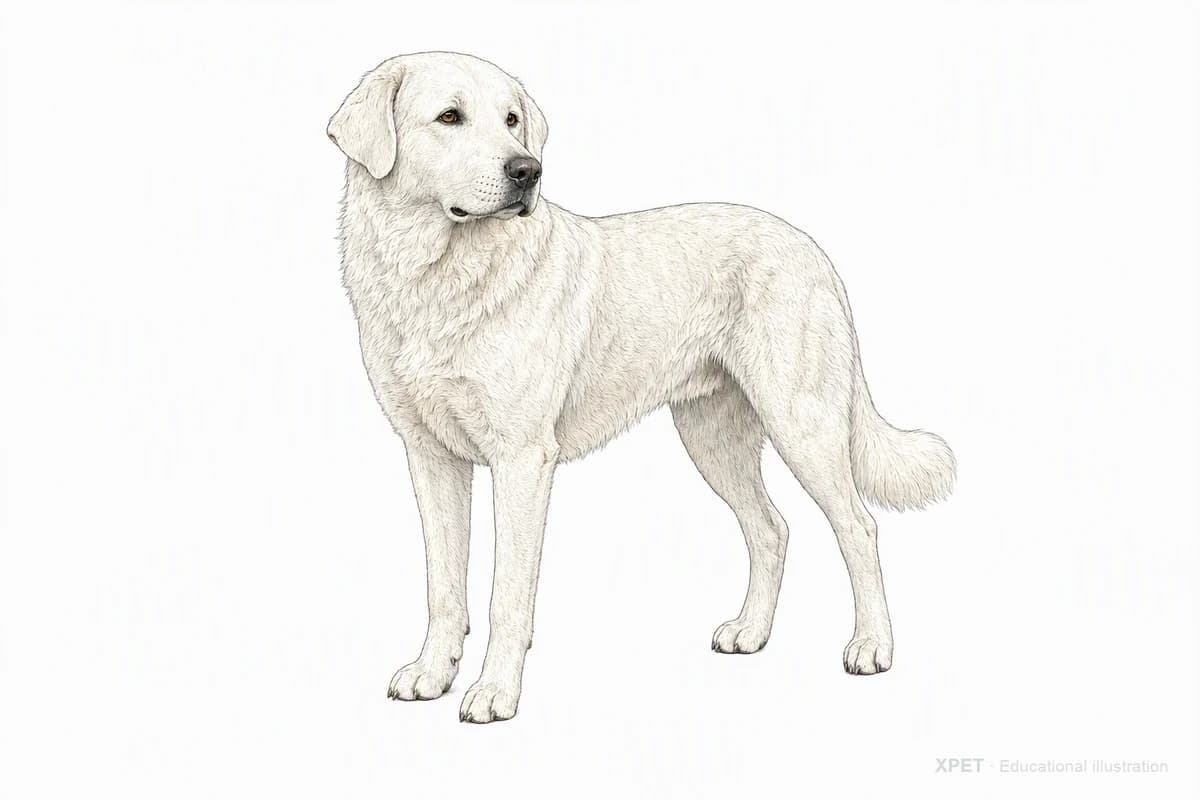 Original XPET engraving and watercolor illustration of Akbash Dog: a complete three-quarter standing view.
