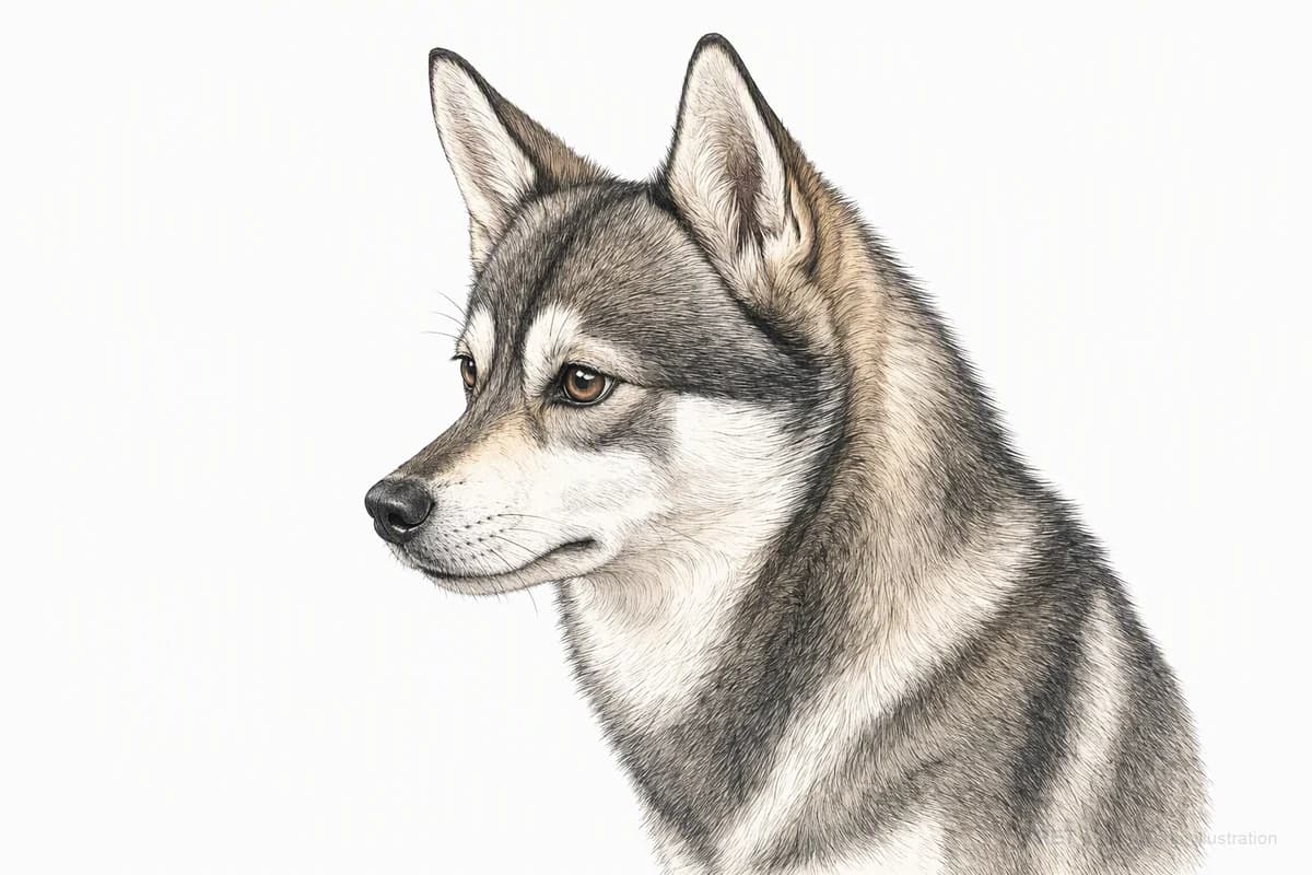Original XPET engraving and watercolor illustration of Alaskan Klee Kai: a head and coat detail study.