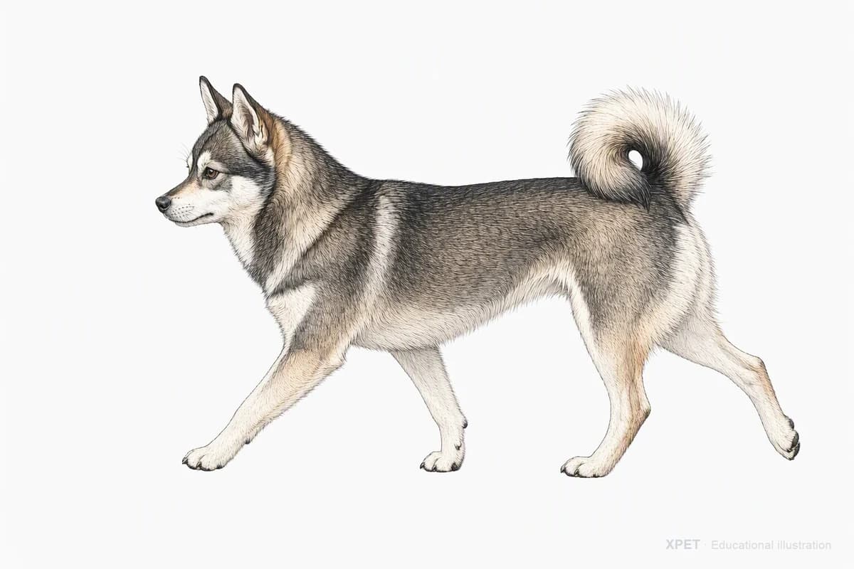Original XPET engraving and watercolor illustration of Alaskan Klee Kai: a natural movement study.