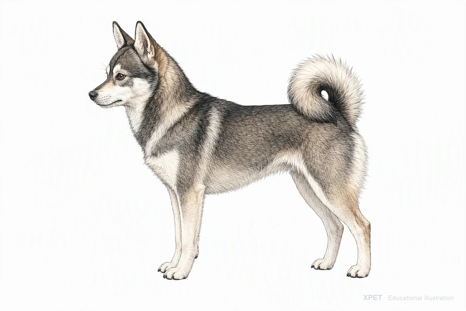Original XPET engraving and watercolor illustration of Alaskan Klee Kai: an adult in left-facing profile.