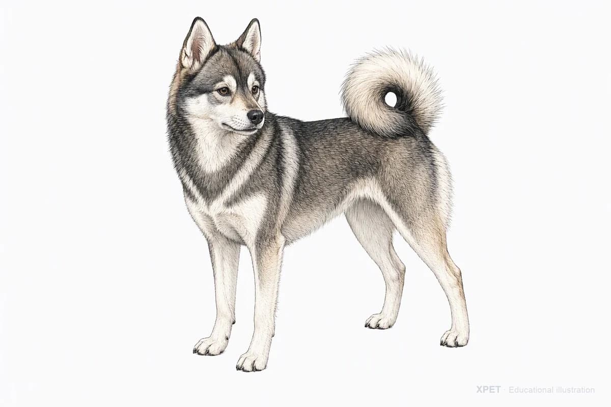 Original XPET engraving and watercolor illustration of Alaskan Klee Kai: a complete three-quarter standing view.