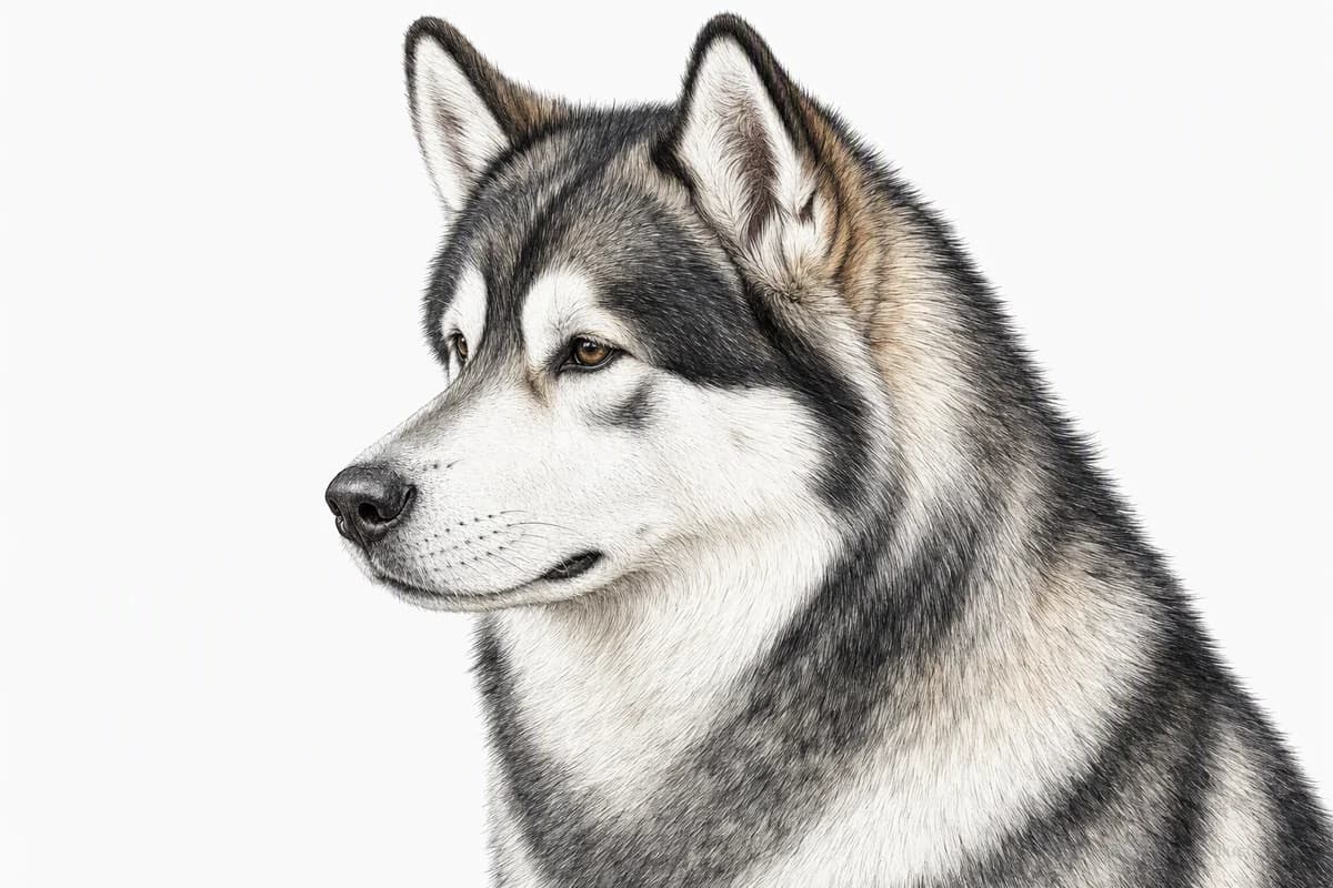 Original XPET engraving and watercolor illustration of Alaskan Malamute: a head and coat detail study.