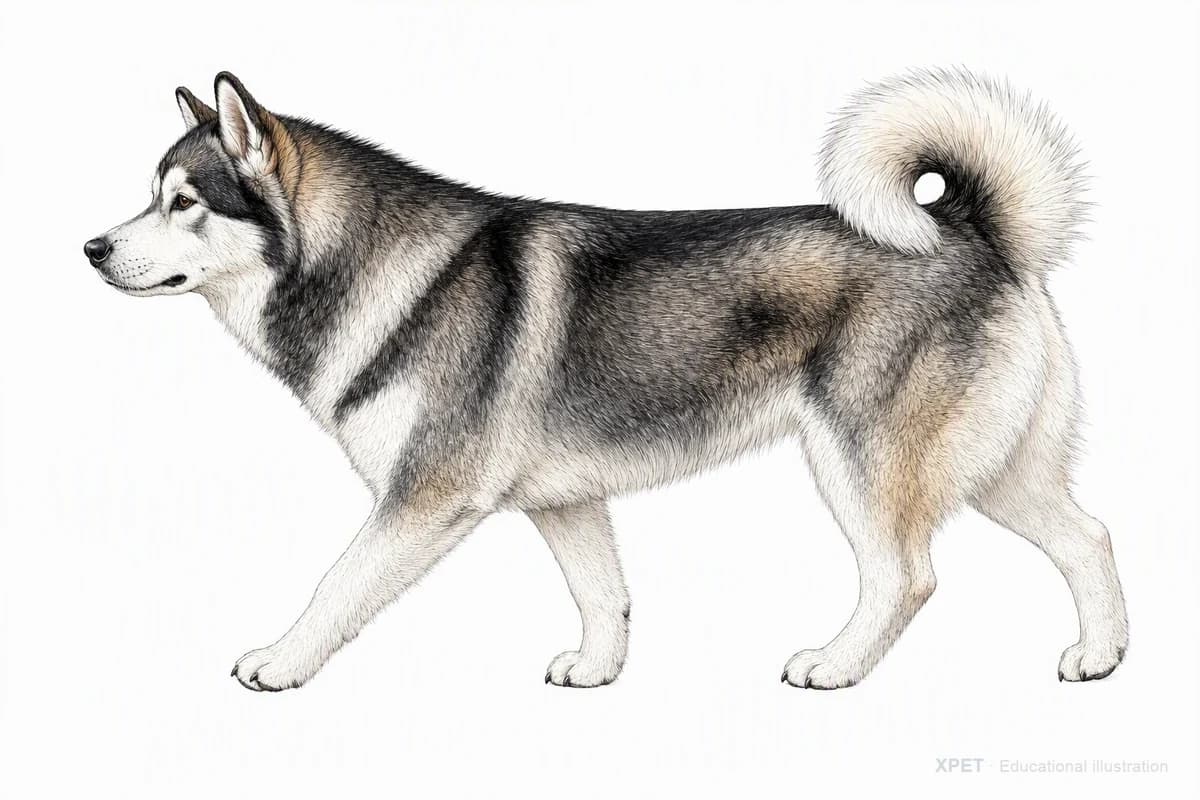 Original XPET engraving and watercolor illustration of Alaskan Malamute: a natural movement study.