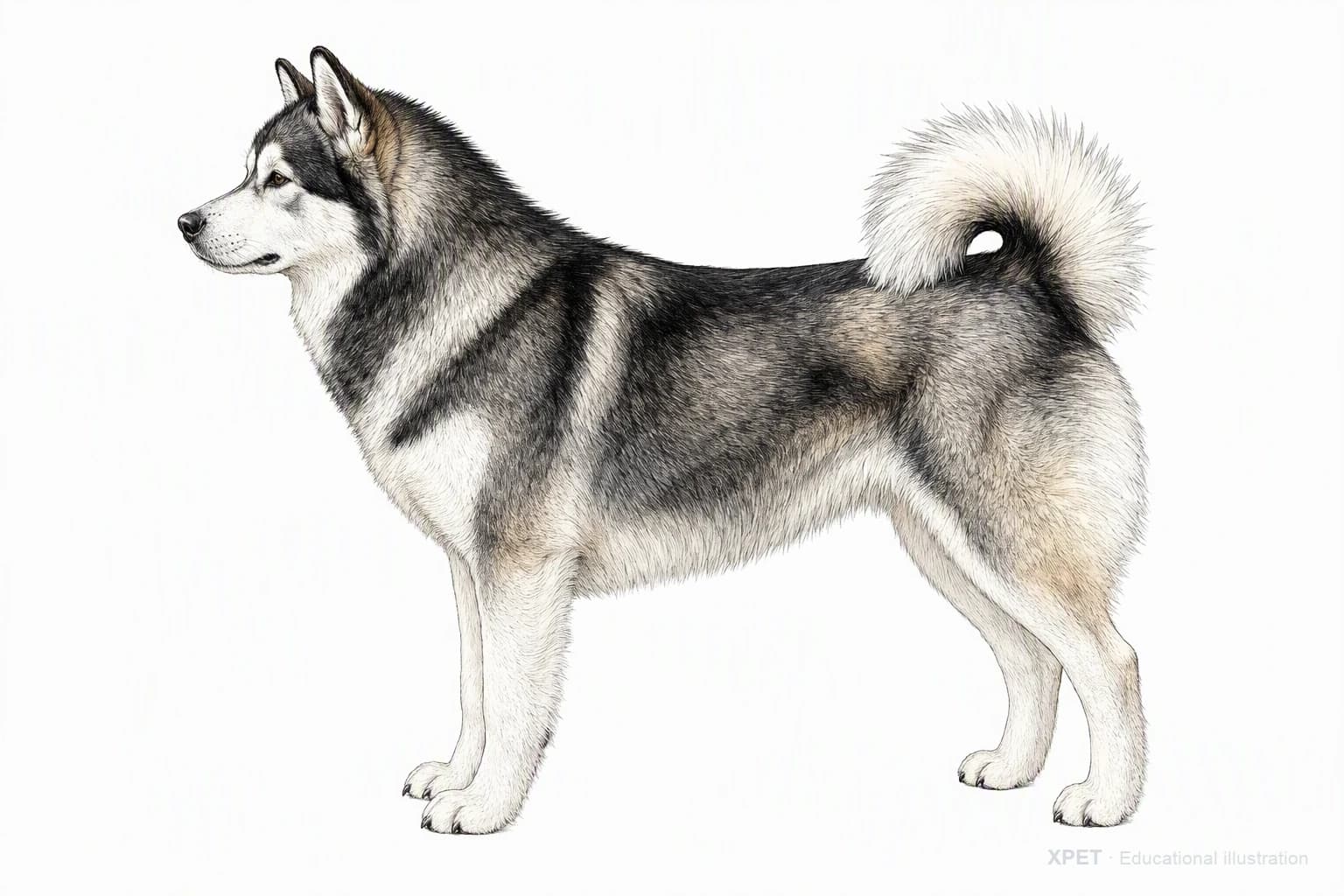 Original XPET engraving and watercolor illustration of Alaskan Malamute: an adult in left-facing profile.