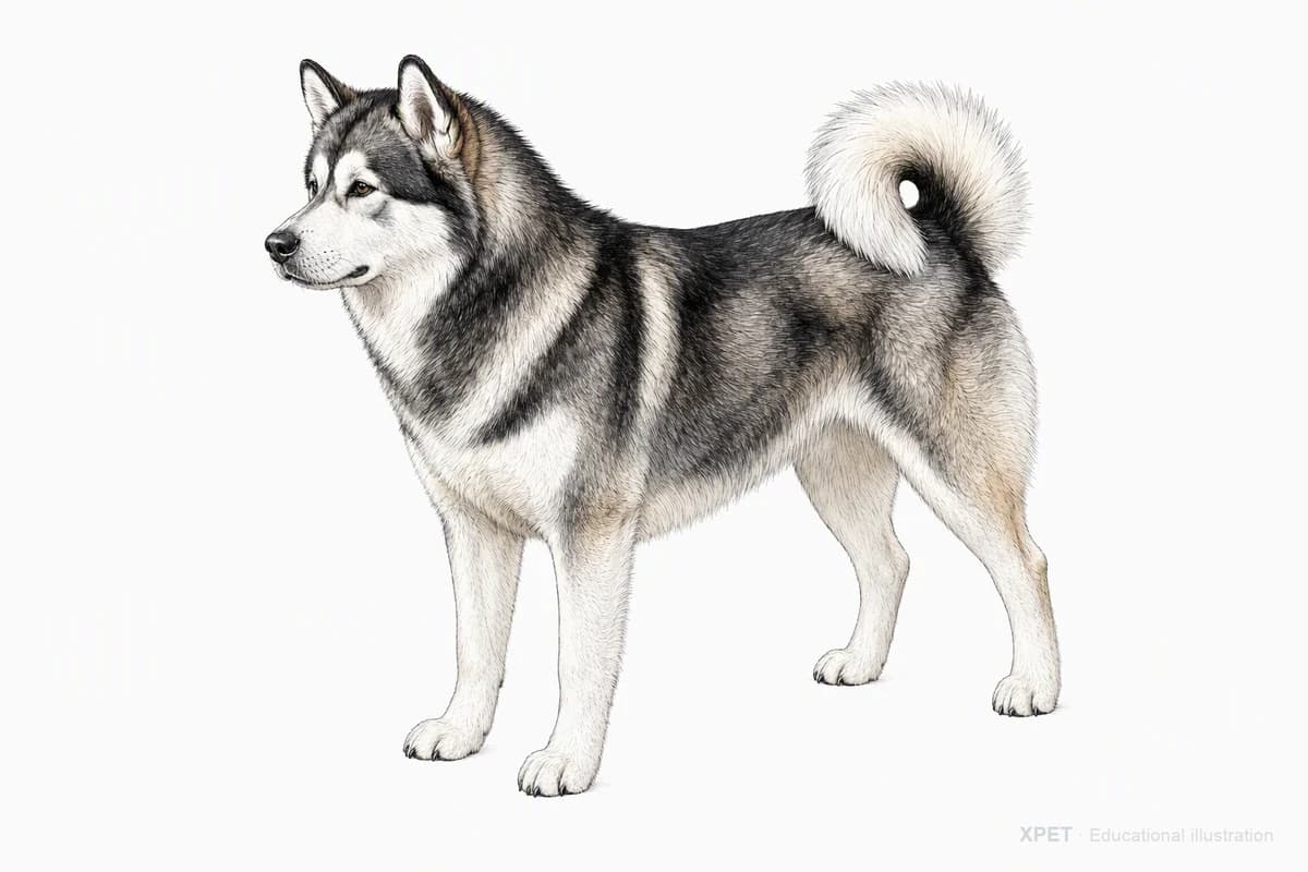 Original XPET engraving and watercolor illustration of Alaskan Malamute: a complete three-quarter standing view.