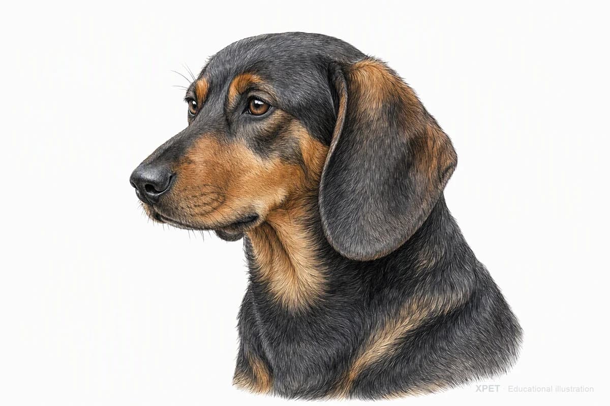 Original XPET engraving and watercolor illustration of Alpine Dachsbracke: a head and coat detail study.