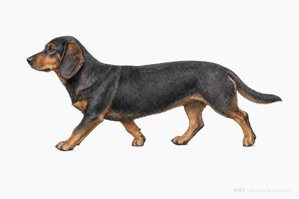 Original XPET engraving and watercolor illustration of Alpine Dachsbracke: a natural movement study.