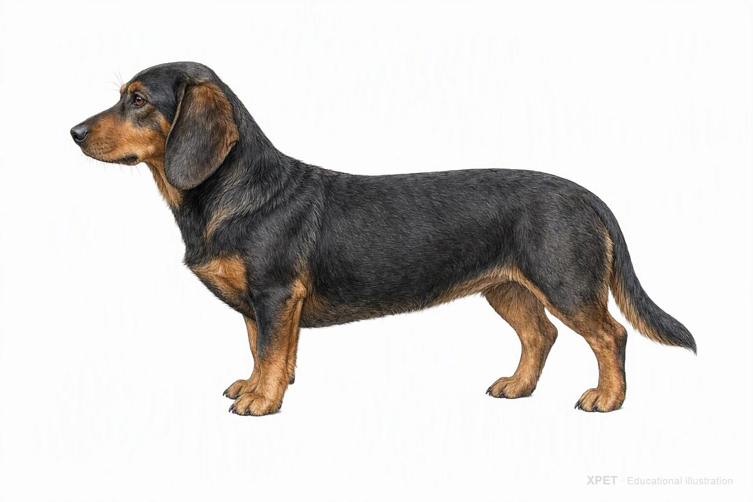 Original XPET engraving and watercolor illustration of Alpine Dachsbracke: an adult in left-facing profile.
