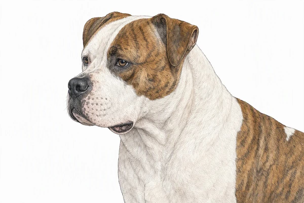 Original XPET engraving and watercolor illustration of American Bulldog: a head and coat detail study.