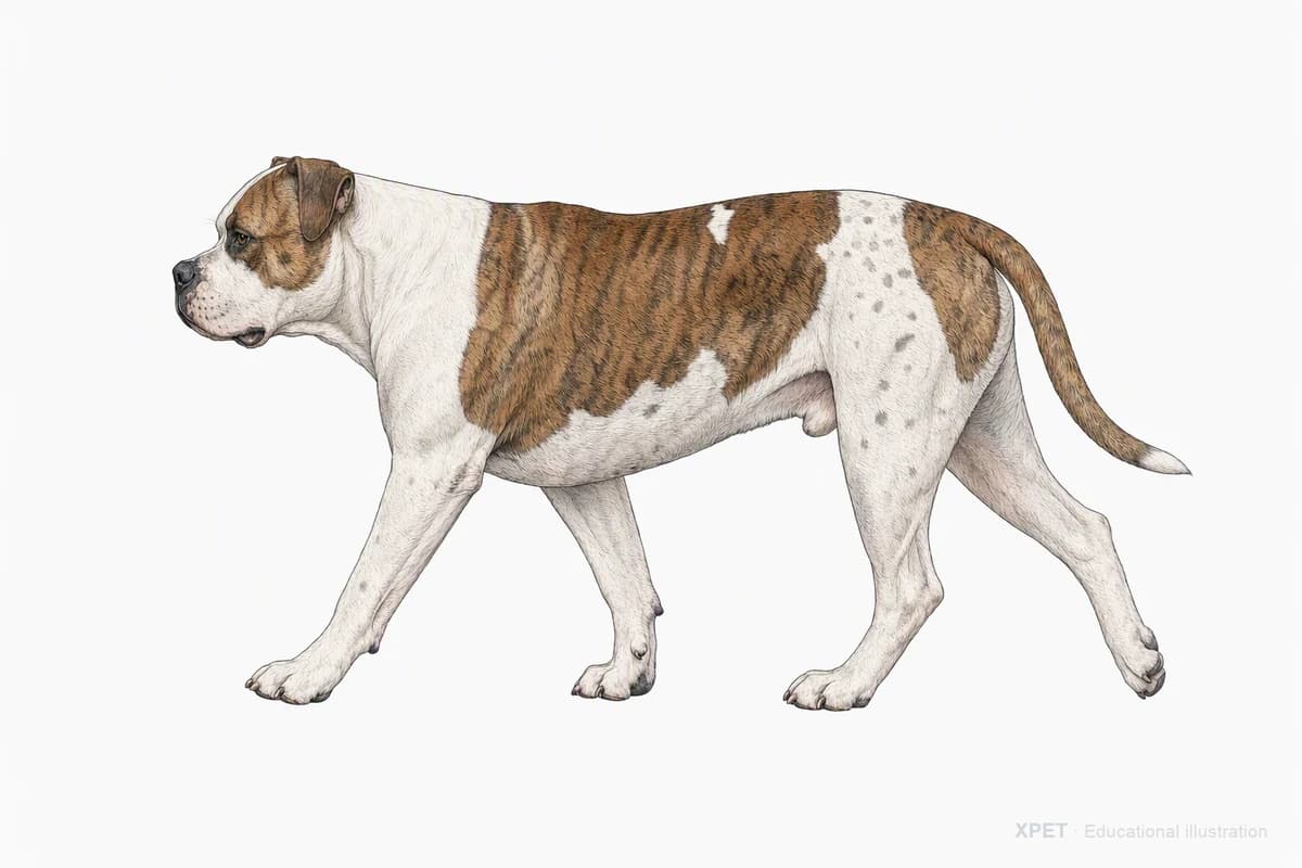 Original XPET engraving and watercolor illustration of American Bulldog: a natural movement study.
