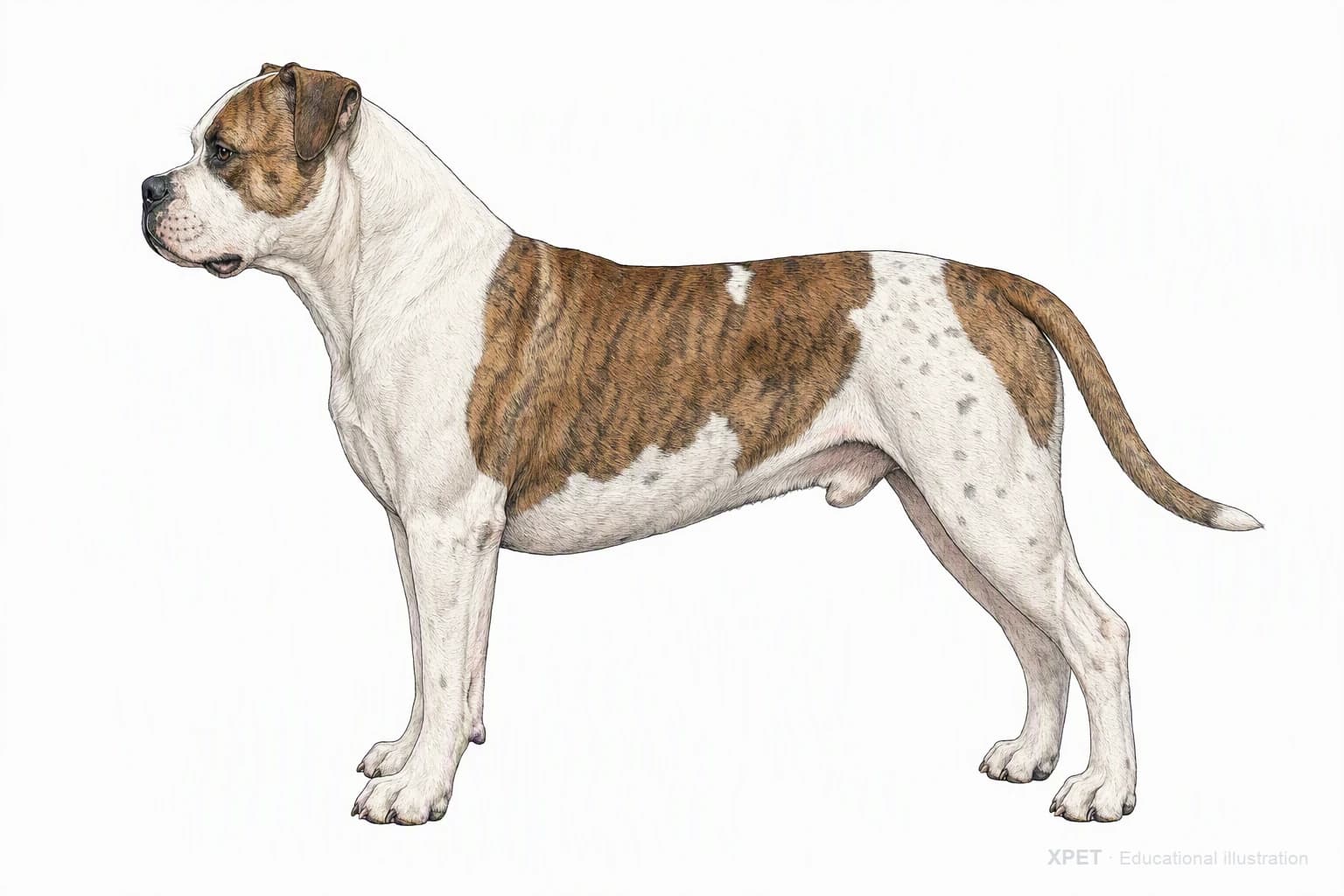 Original XPET engraving and watercolor illustration of American Bulldog: an adult in left-facing profile.