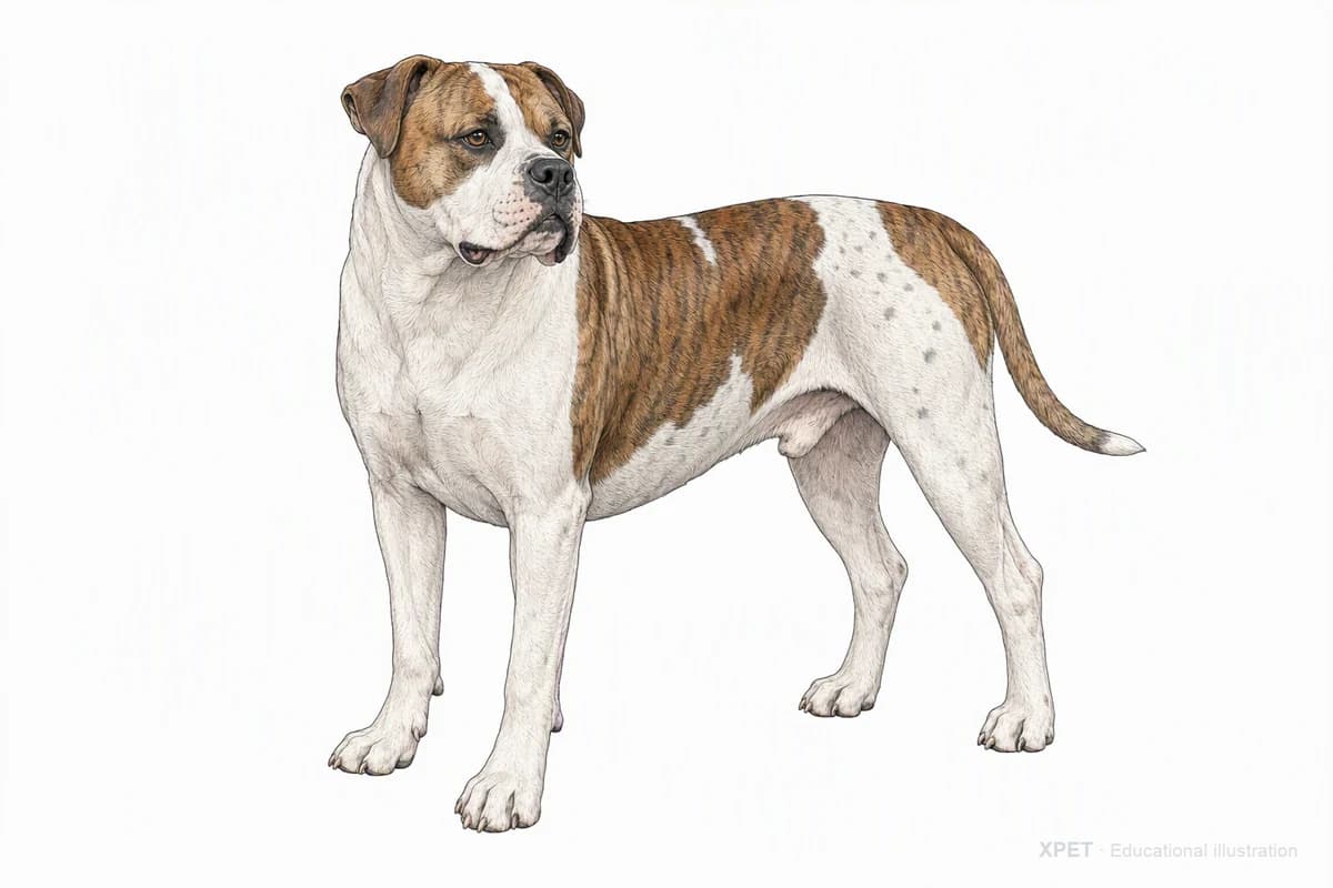 Original XPET engraving and watercolor illustration of American Bulldog: a complete three-quarter standing view.