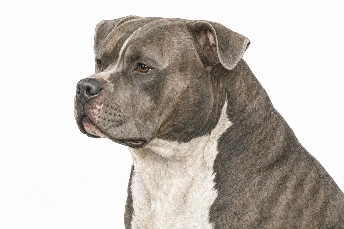 Original XPET engraving and watercolor illustration of American Bully: a head and coat detail study.