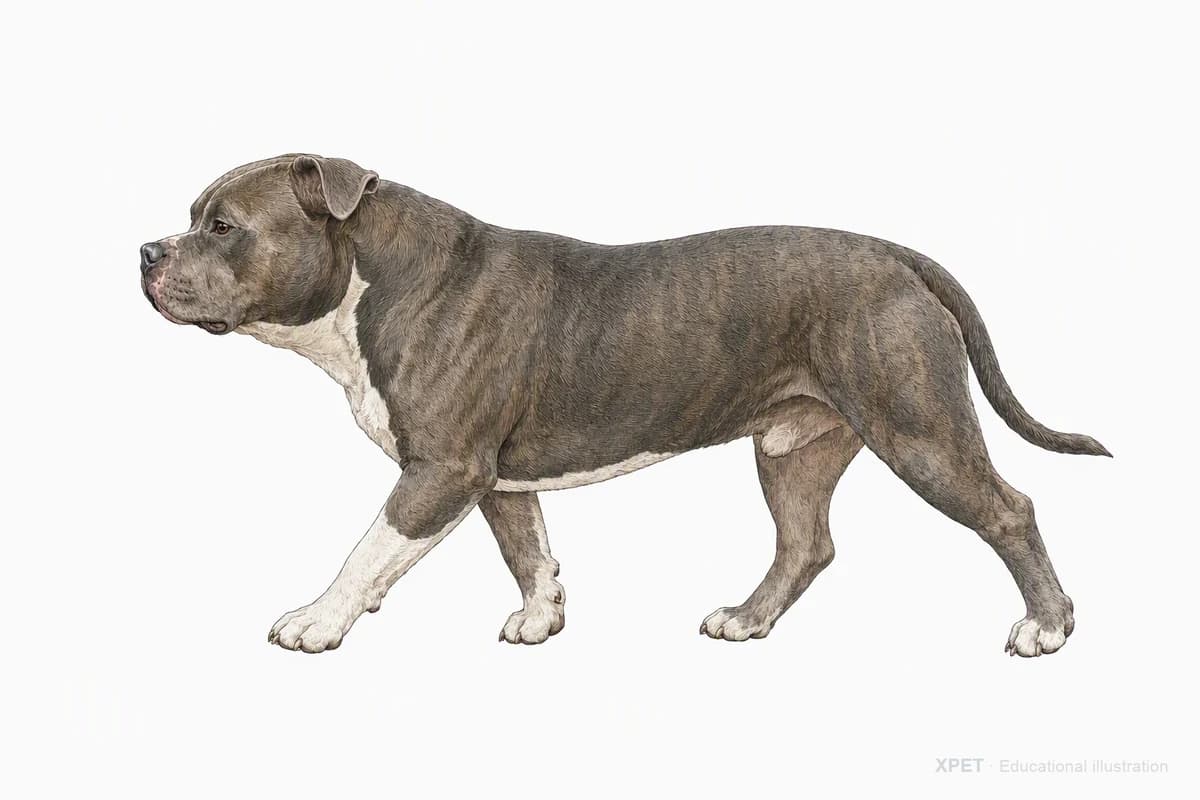 Original XPET engraving and watercolor illustration of American Bully: a natural movement study.