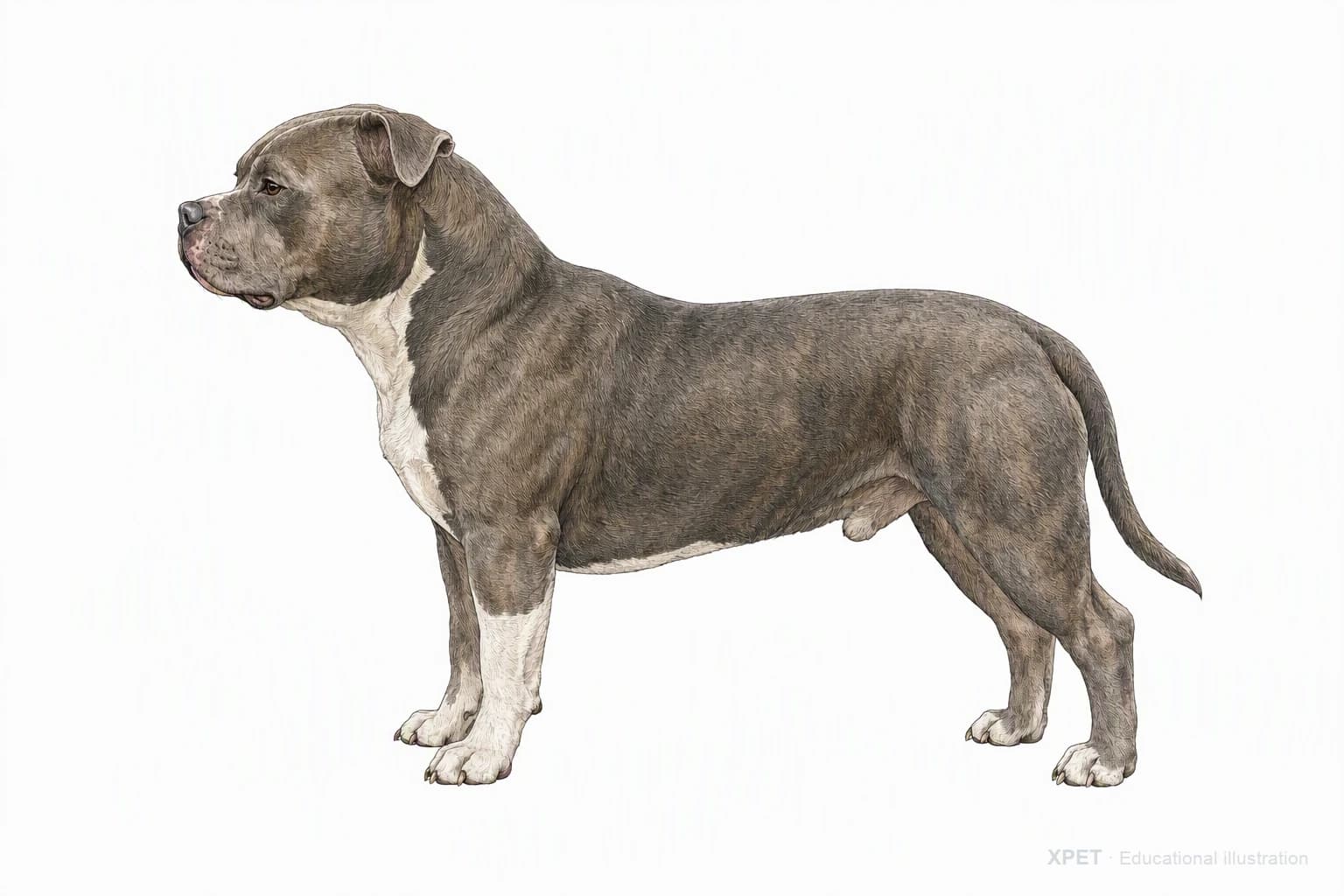 Original XPET engraving and watercolor illustration of American Bully: an adult in left-facing profile.