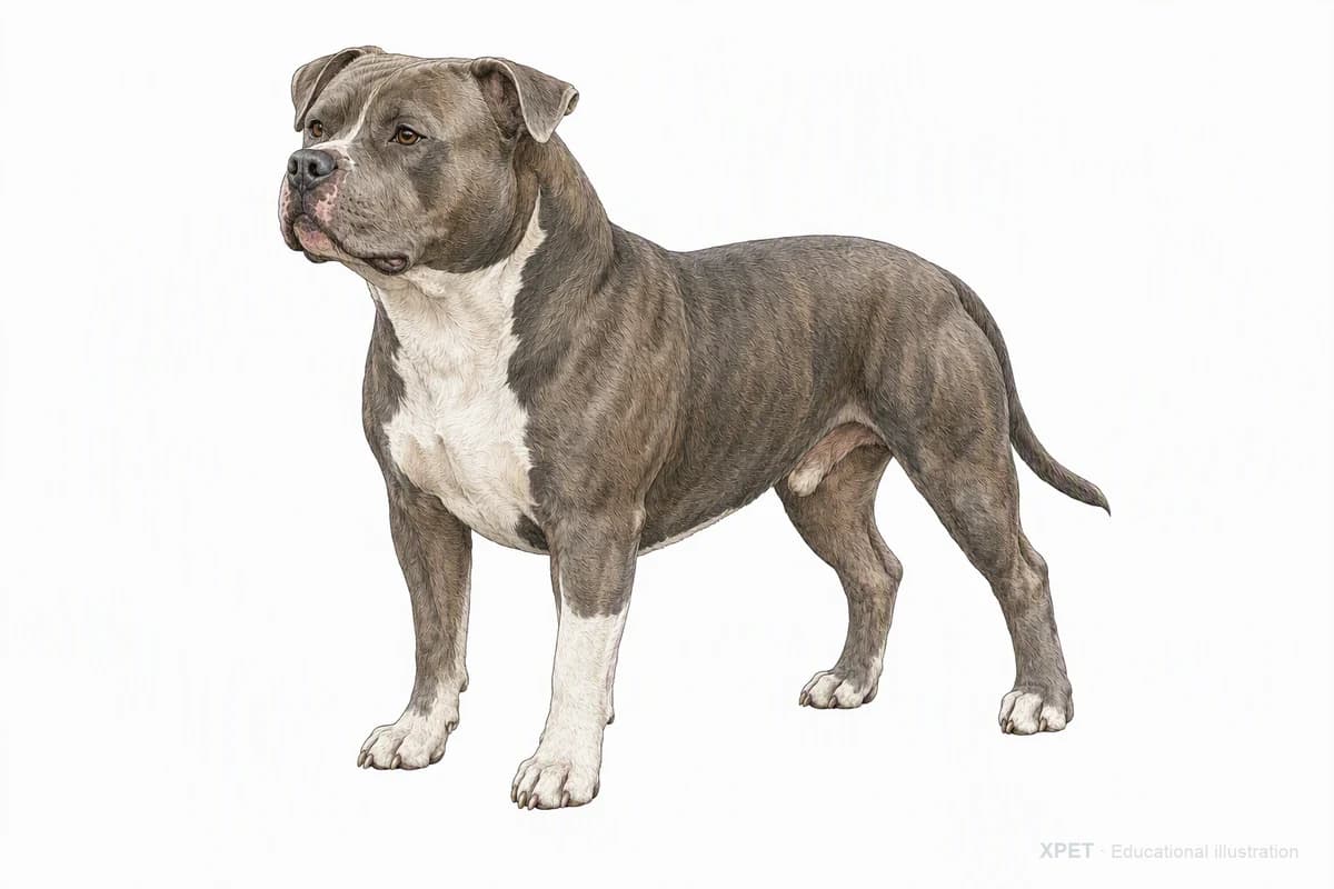 Original XPET engraving and watercolor illustration of American Bully: a complete three-quarter standing view.