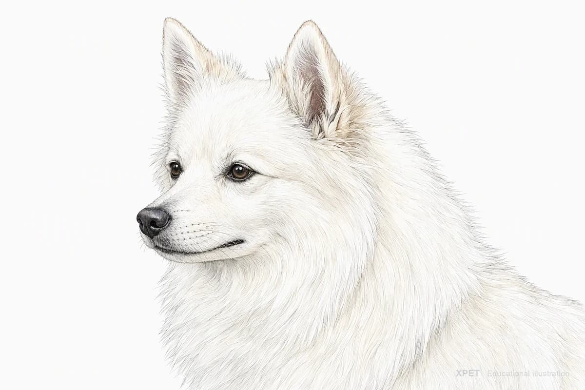 Original XPET engraving and watercolor illustration of American Eskimo Dog: a head and coat detail study.
