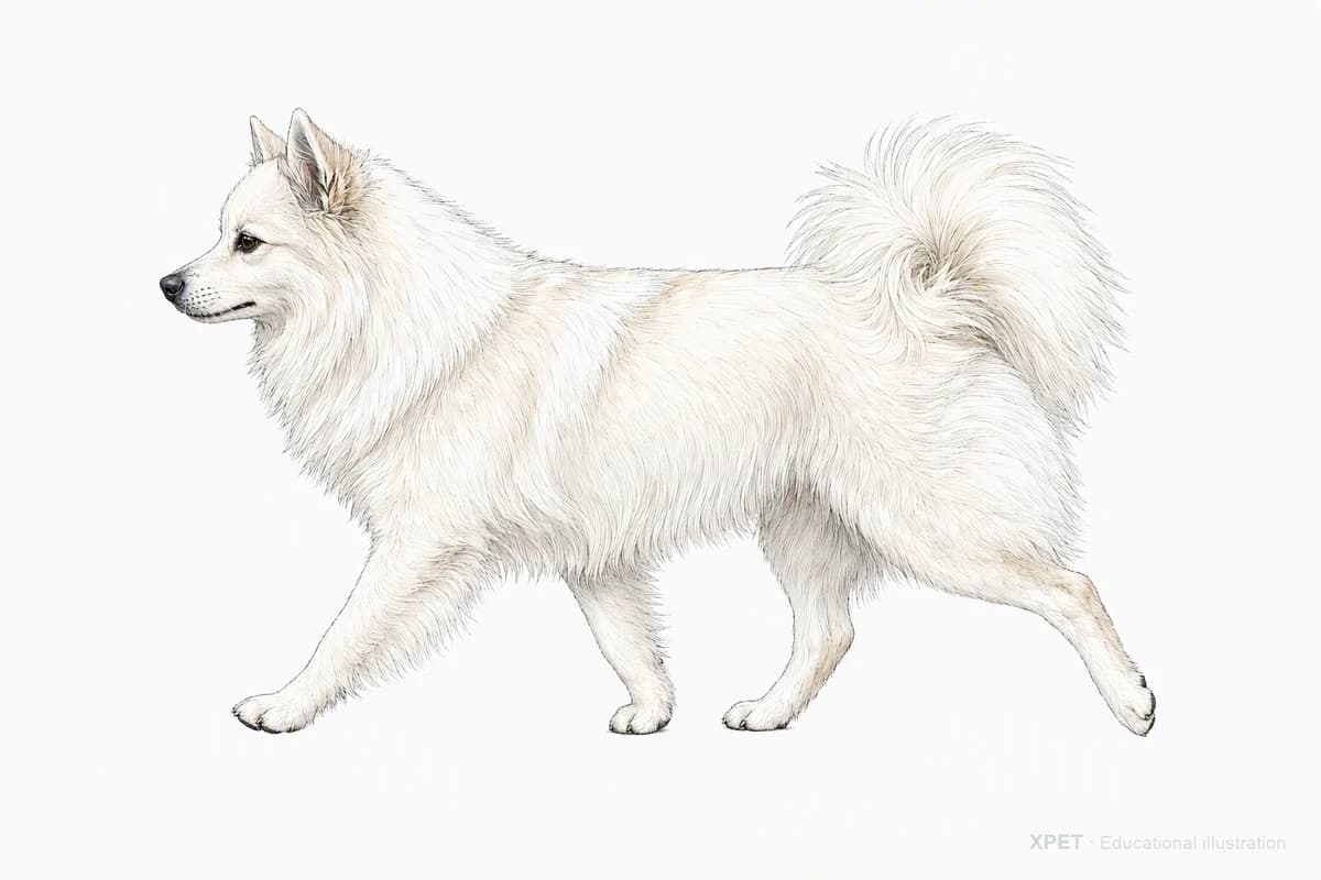 Original XPET engraving and watercolor illustration of American Eskimo Dog: a natural movement study.