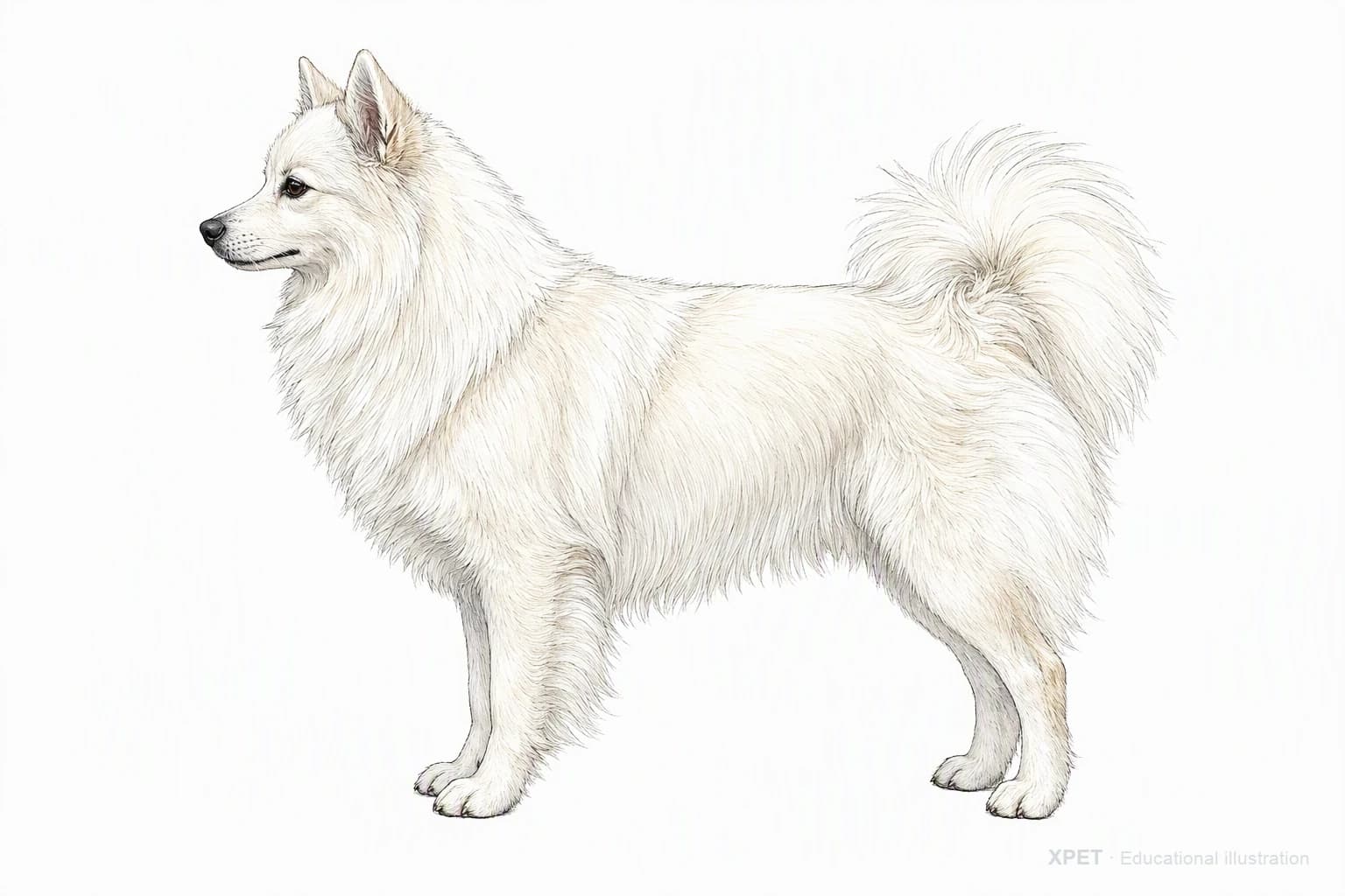 Original XPET engraving and watercolor illustration of American Eskimo Dog: an adult in left-facing profile.