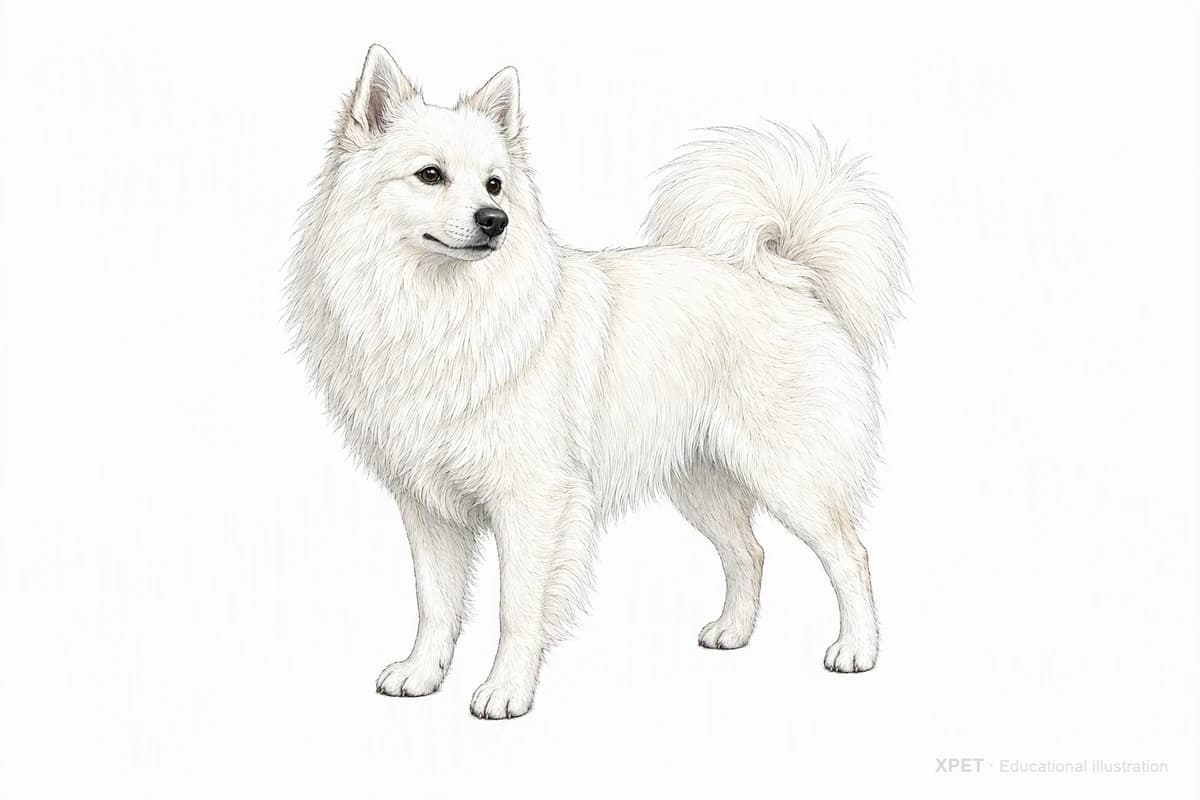 Original XPET engraving and watercolor illustration of American Eskimo Dog: a complete three-quarter standing view.