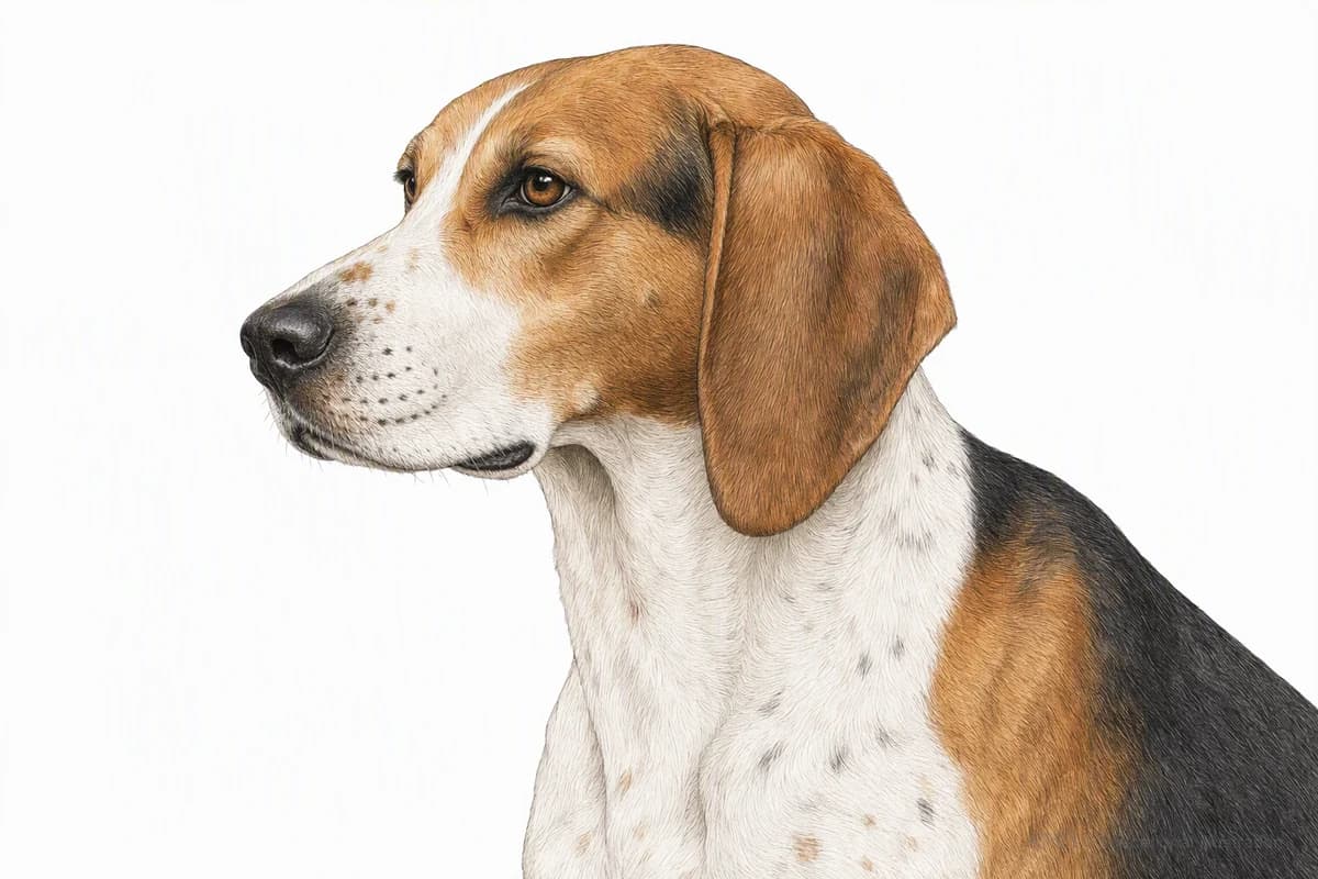 Original XPET engraving and watercolor illustration of American Foxhound: a head and coat detail study.