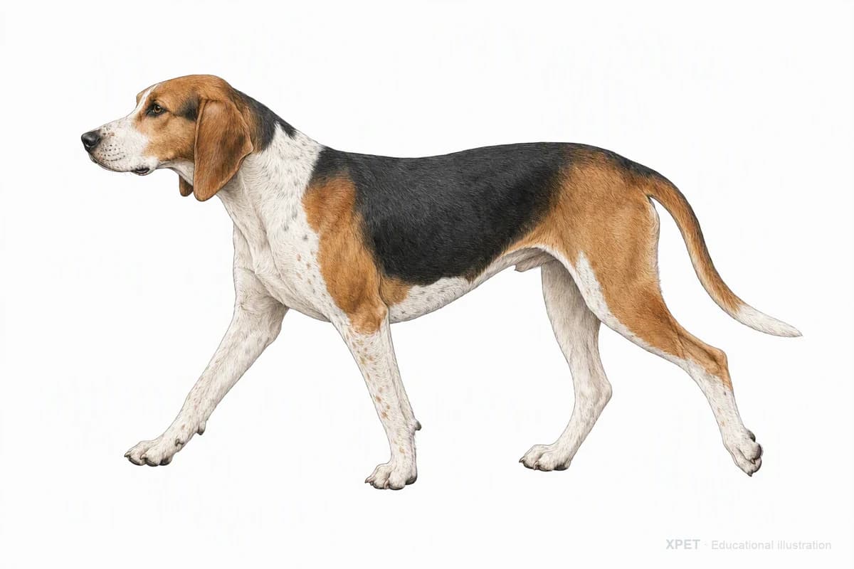 Original XPET engraving and watercolor illustration of American Foxhound: a natural movement study.