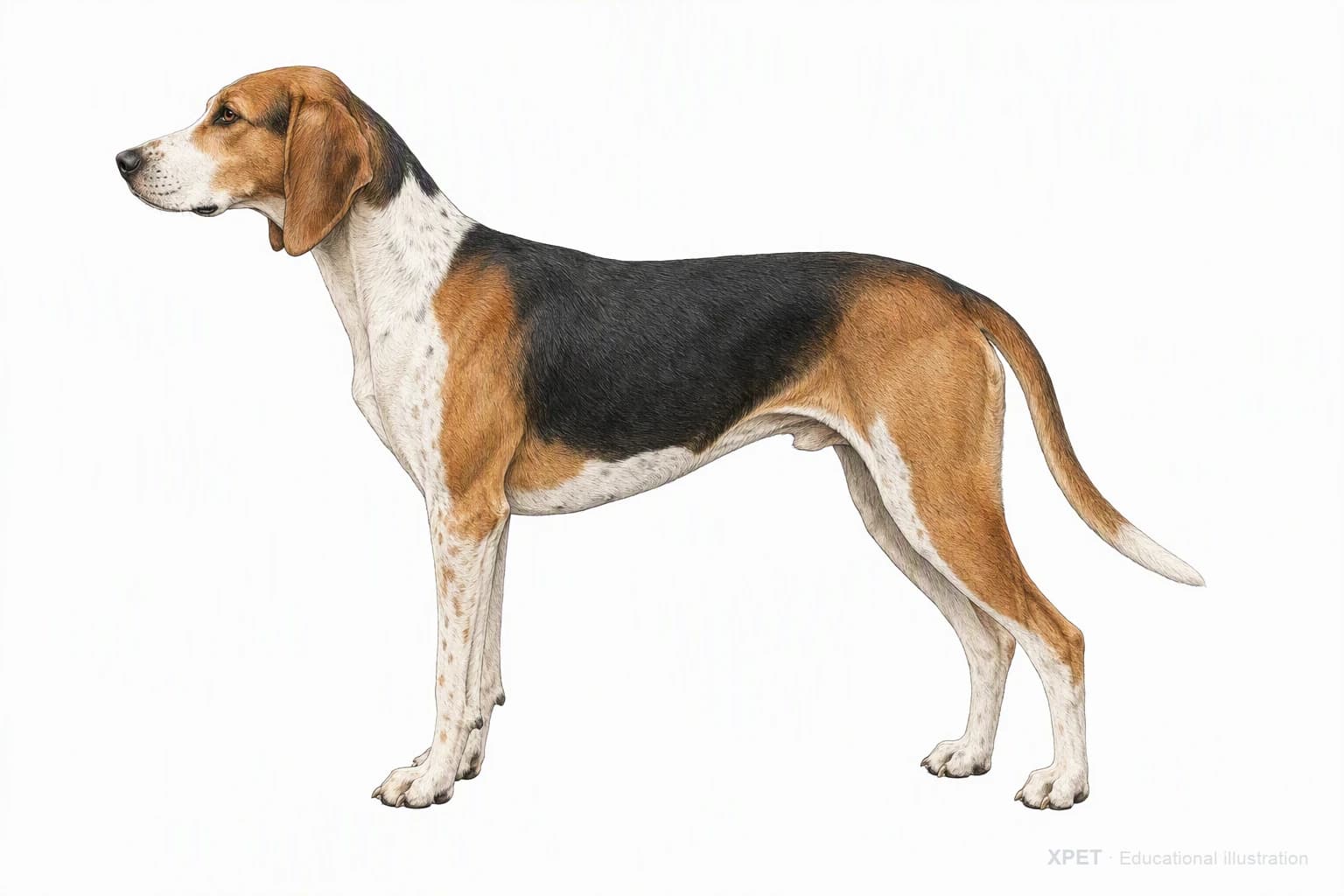 Original XPET engraving and watercolor illustration of American Foxhound: an adult in left-facing profile.