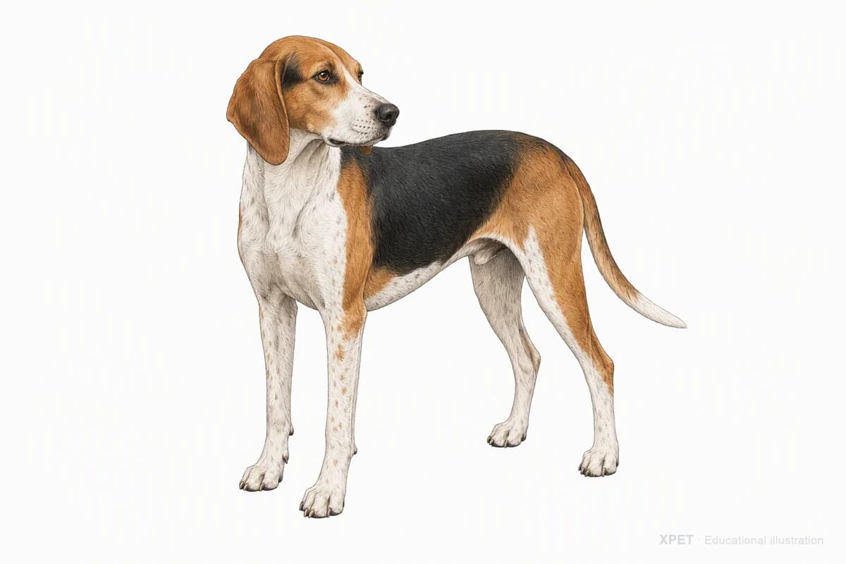 Original XPET engraving and watercolor illustration of American Foxhound: a complete three-quarter standing view.