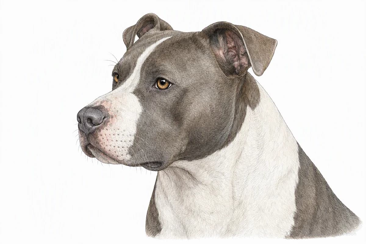 Original XPET engraving and watercolor illustration of American Pit Bull Terrier: a head and coat detail study.