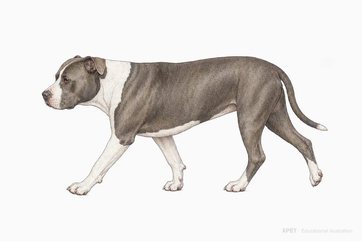 Original XPET engraving and watercolor illustration of American Pit Bull Terrier: a natural movement study.
