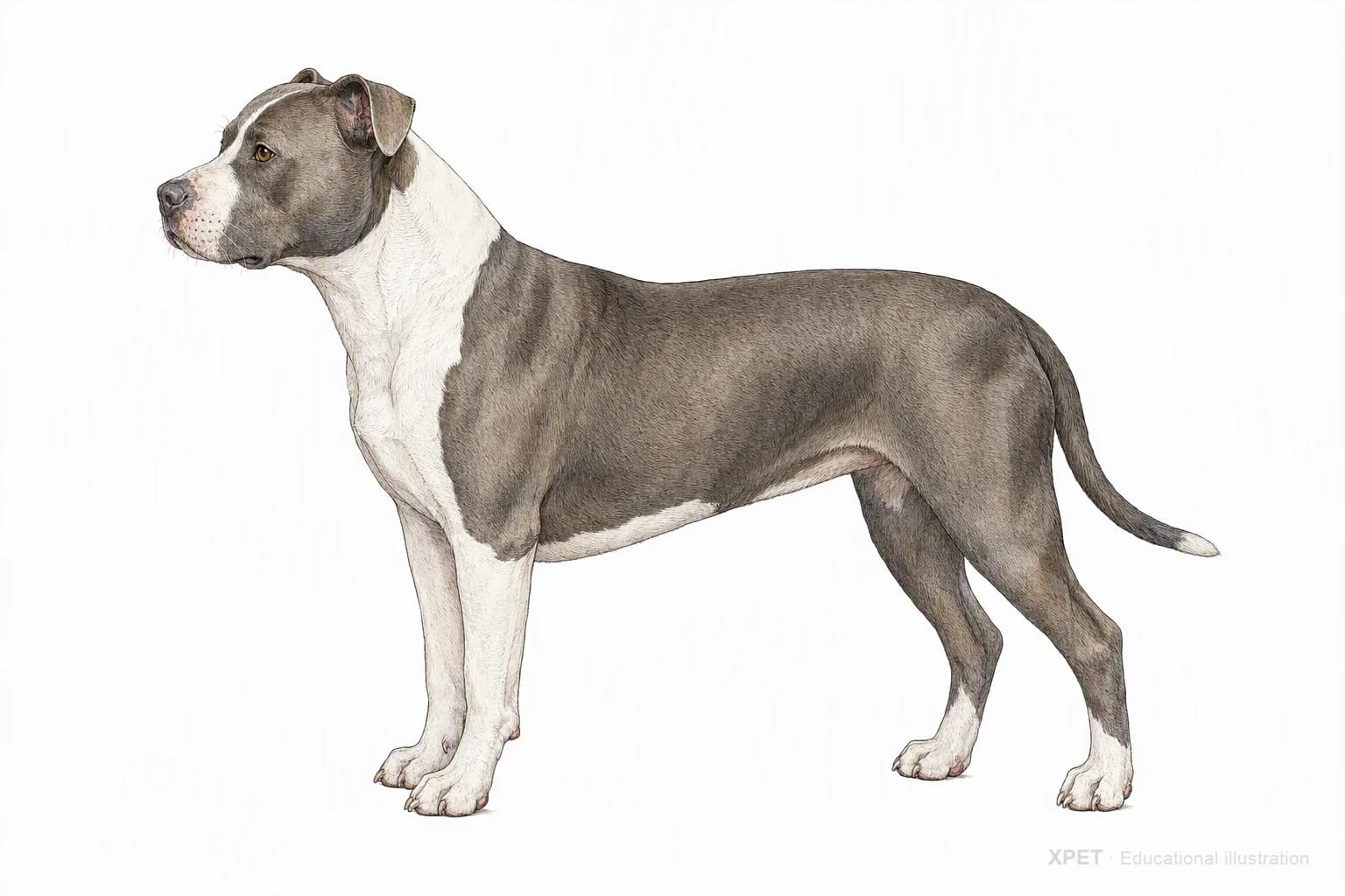 Original XPET engraving and watercolor illustration of American Pit Bull Terrier: an adult in left-facing profile.