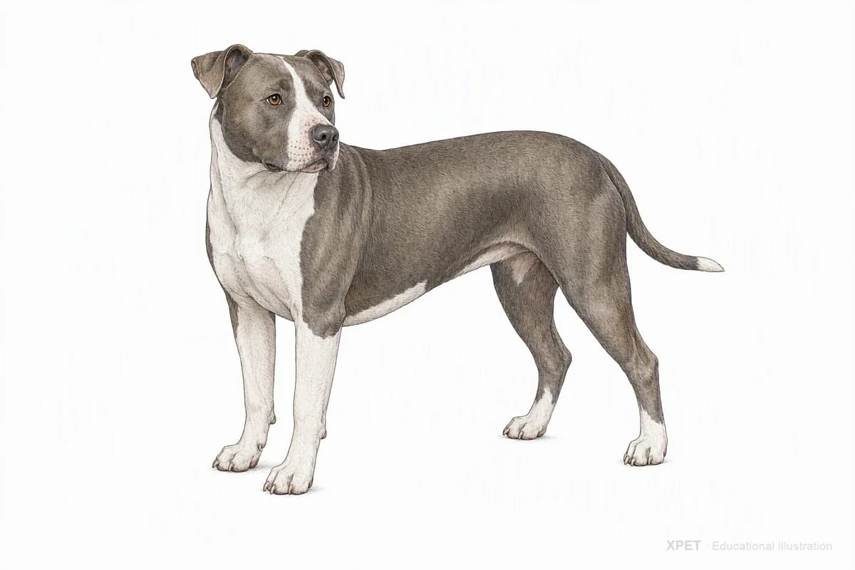 Original XPET engraving and watercolor illustration of American Pit Bull Terrier: a complete three-quarter standing view.