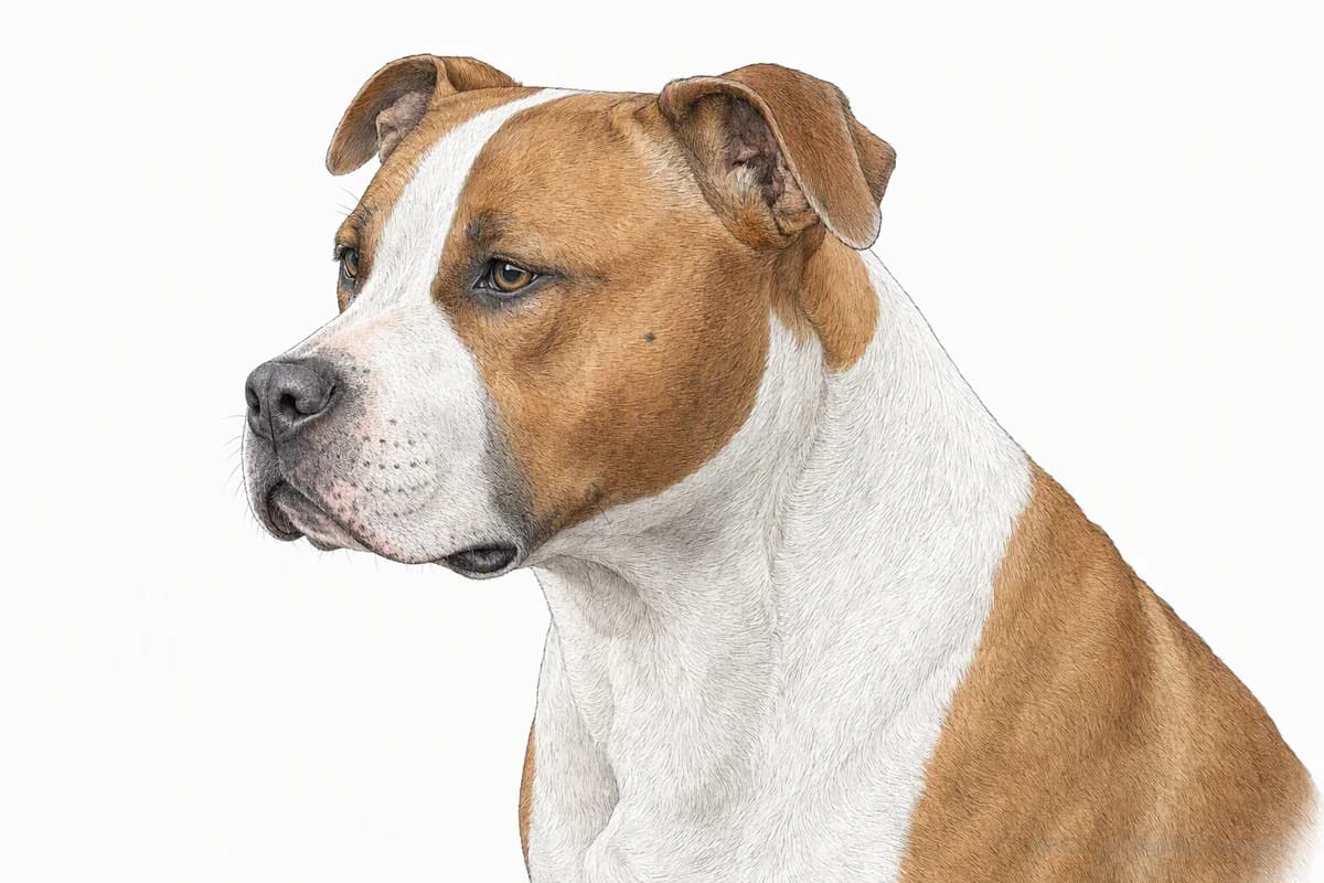 Original XPET engraving and watercolor illustration of American Staffordshire Terrier: a head and coat detail study.