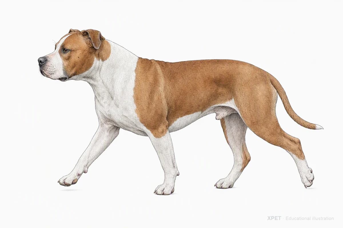 Original XPET engraving and watercolor illustration of American Staffordshire Terrier: a natural movement study.