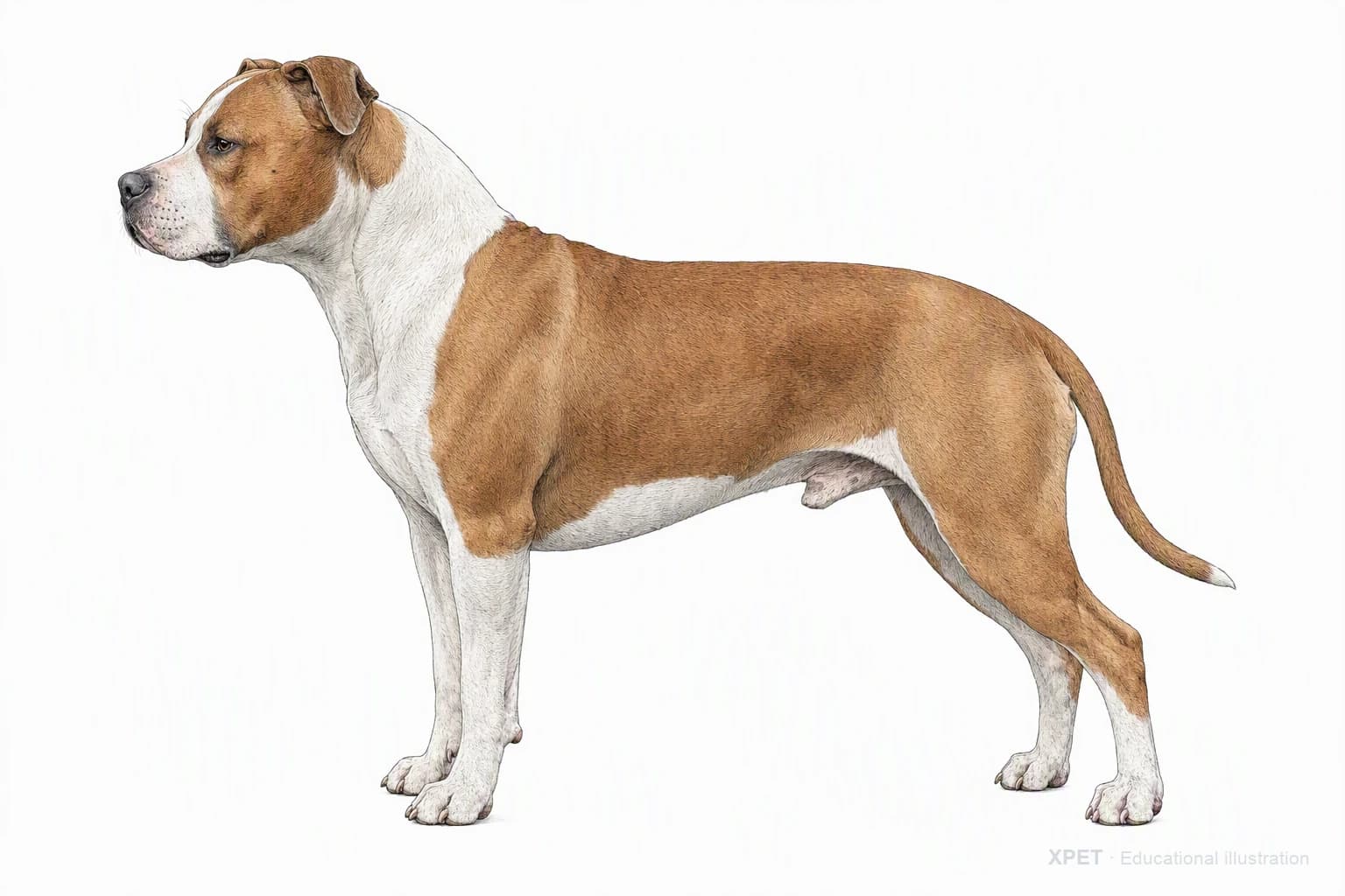 Original XPET engraving and watercolor illustration of American Staffordshire Terrier: an adult in left-facing profile.