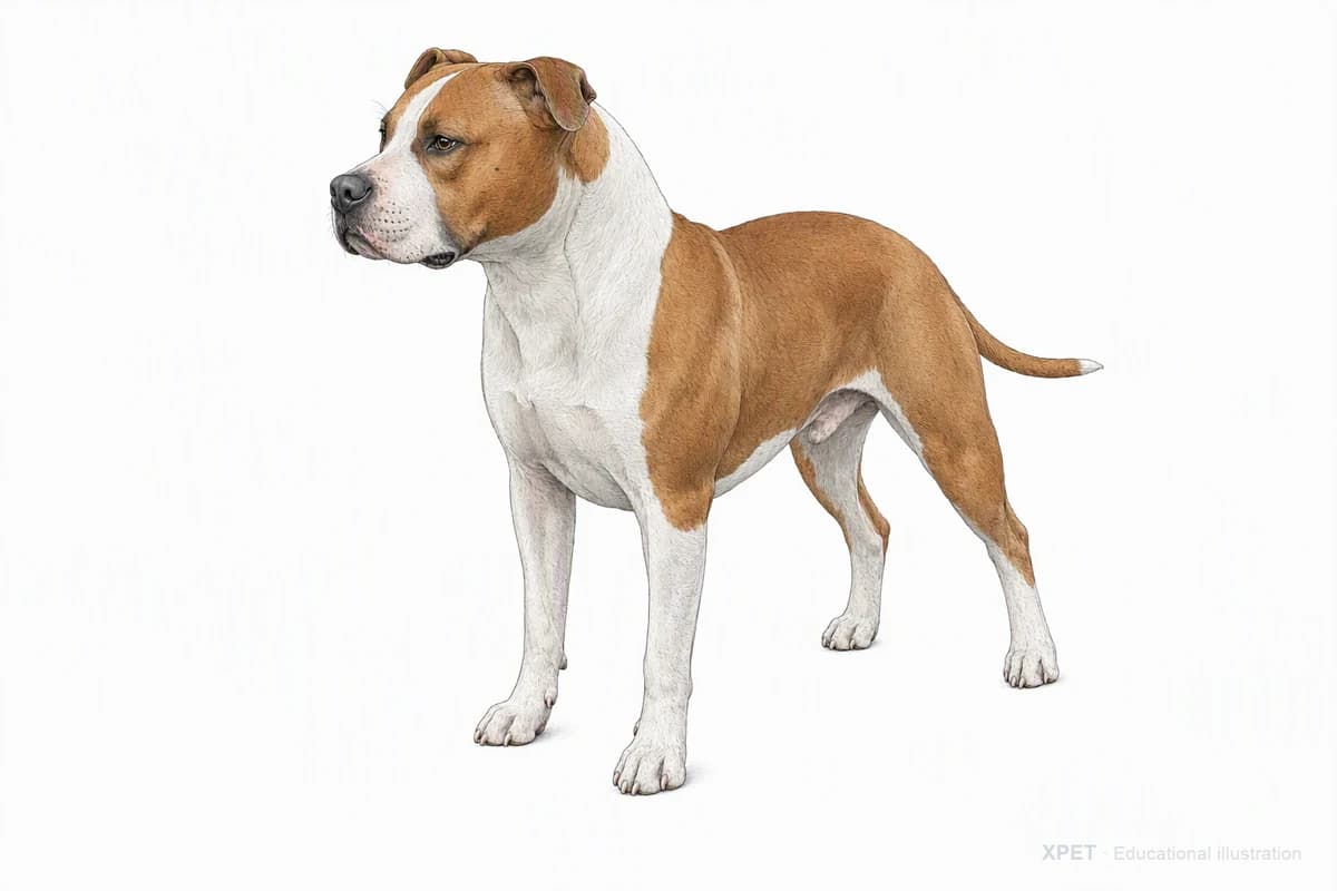 Original XPET engraving and watercolor illustration of American Staffordshire Terrier: a complete three-quarter standing view.