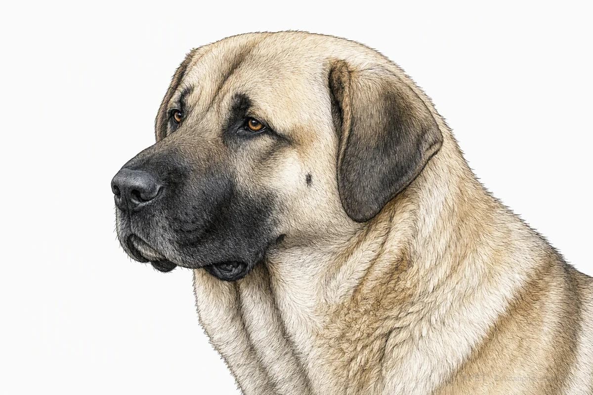 Original XPET engraving and watercolor illustration of Anatolian Shepherd Dog: a head and coat detail study.