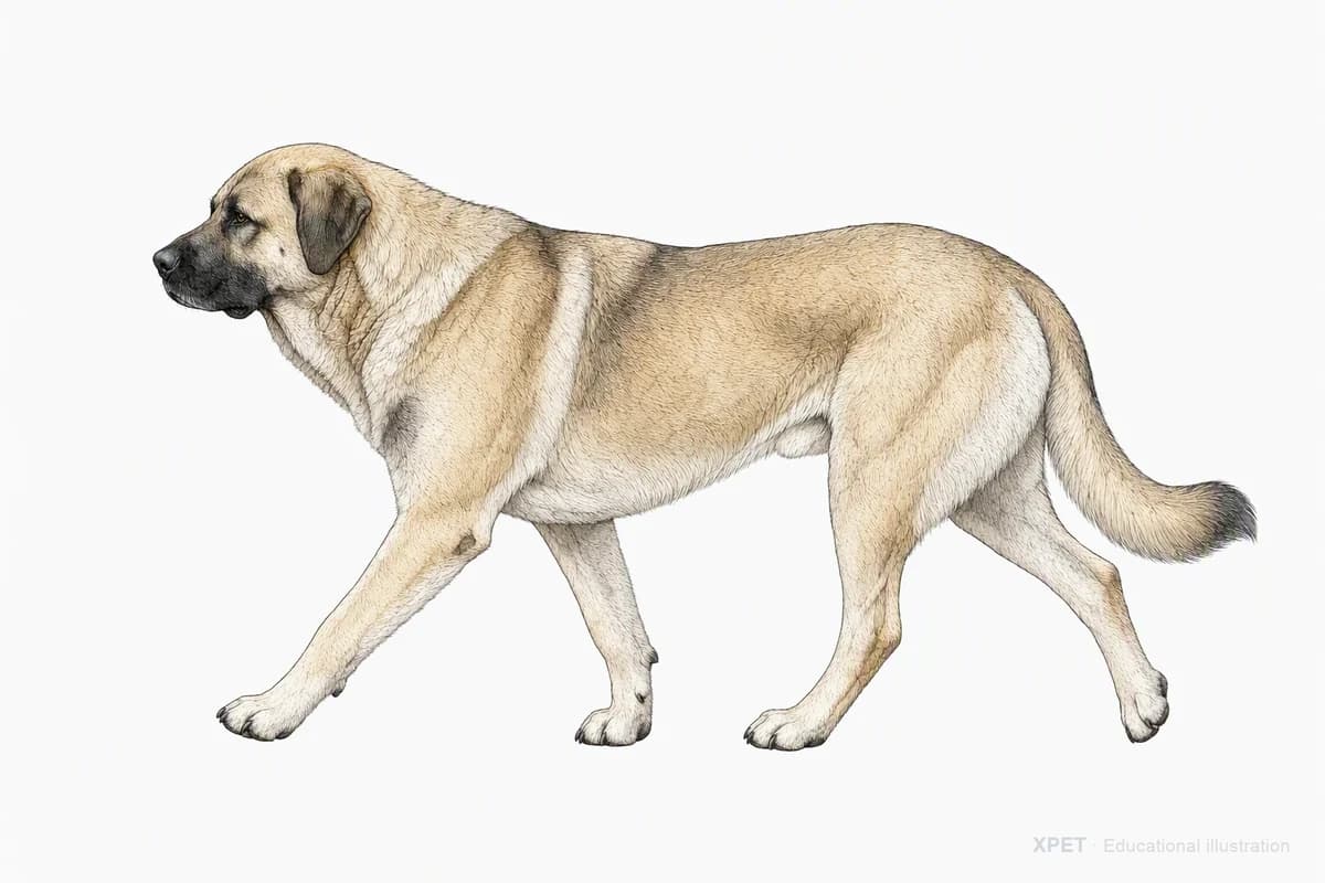 Original XPET engraving and watercolor illustration of Anatolian Shepherd Dog: a natural movement study.