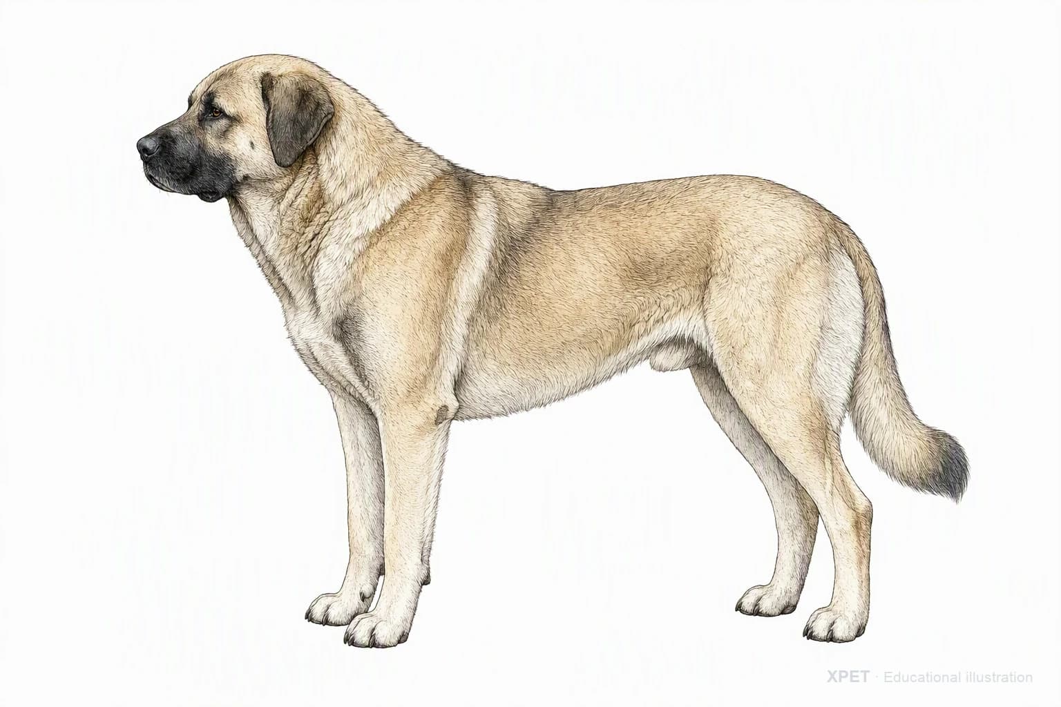 Original XPET engraving and watercolor illustration of Anatolian Shepherd Dog: an adult in left-facing profile.