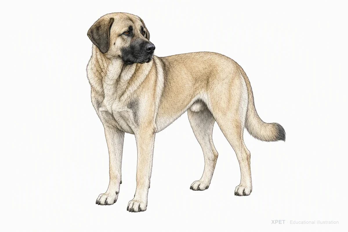 Original XPET engraving and watercolor illustration of Anatolian Shepherd Dog: a complete three-quarter standing view.