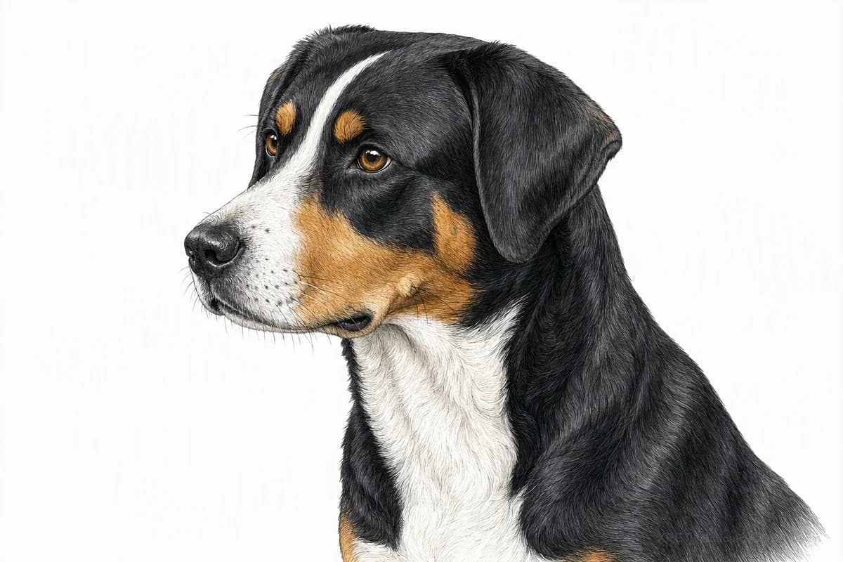 Original XPET engraving and watercolor illustration of Appenzeller Sennenhund: a head and coat detail study.