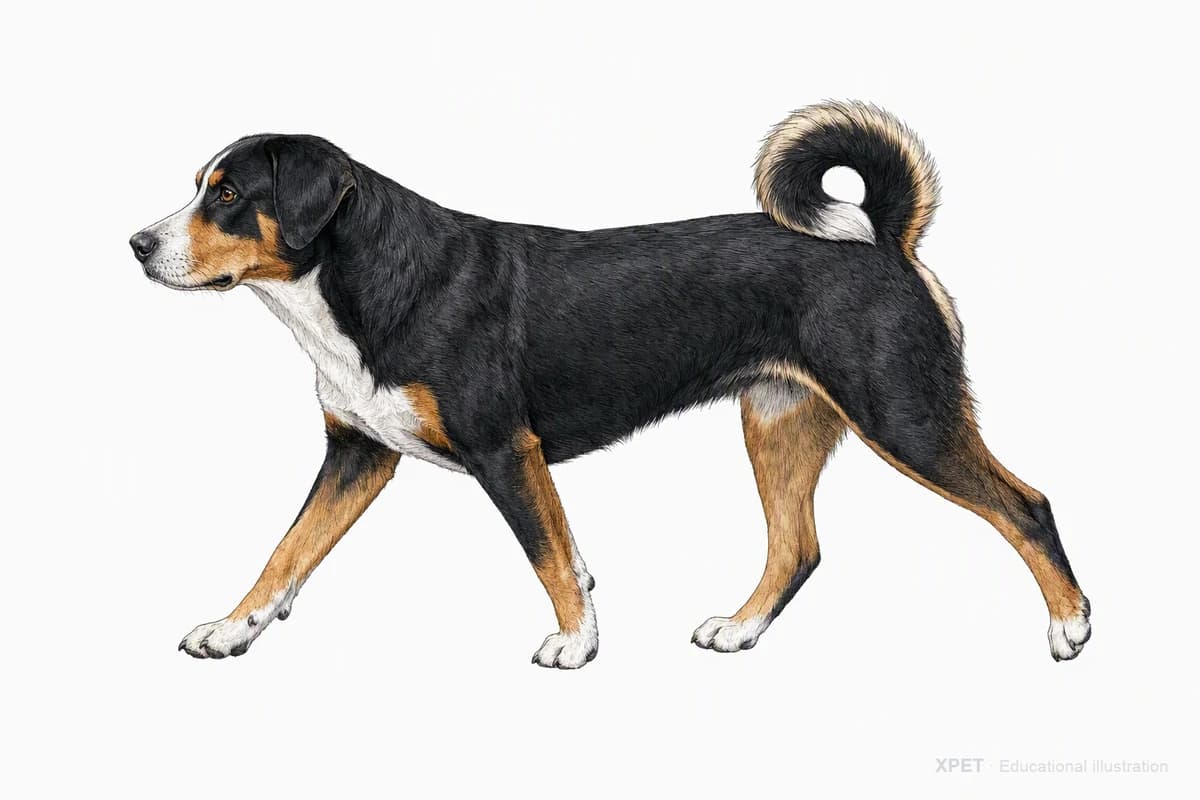 Original XPET engraving and watercolor illustration of Appenzeller Sennenhund: a natural movement study.