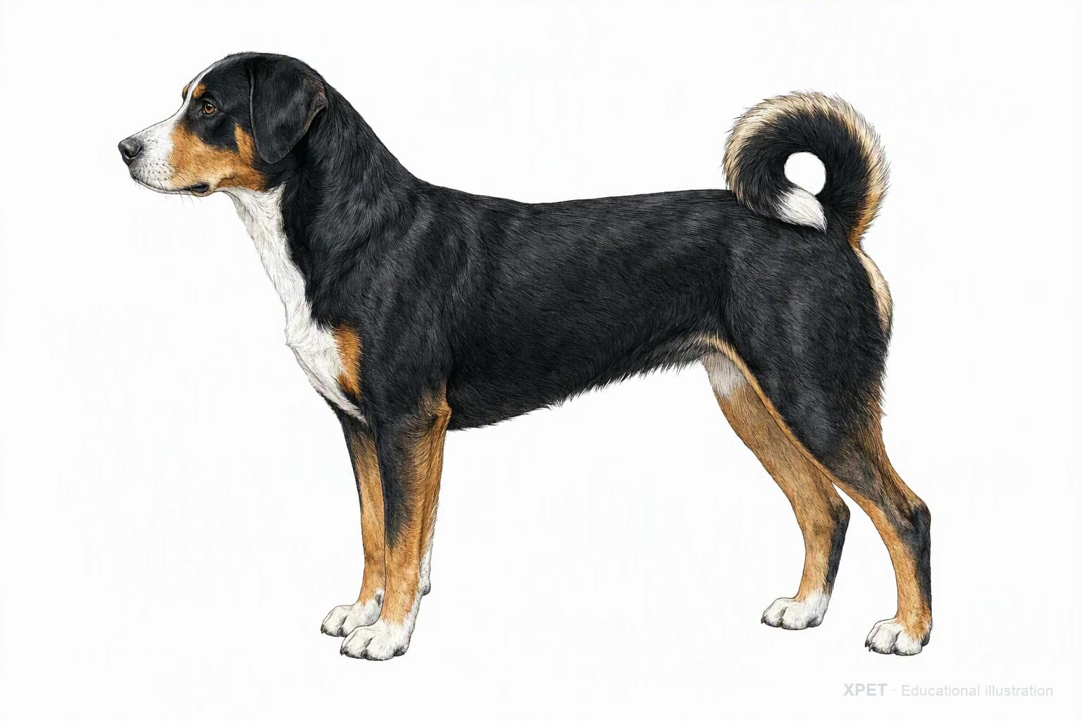 Original XPET engraving and watercolor illustration of Appenzeller Sennenhund: an adult in left-facing profile.